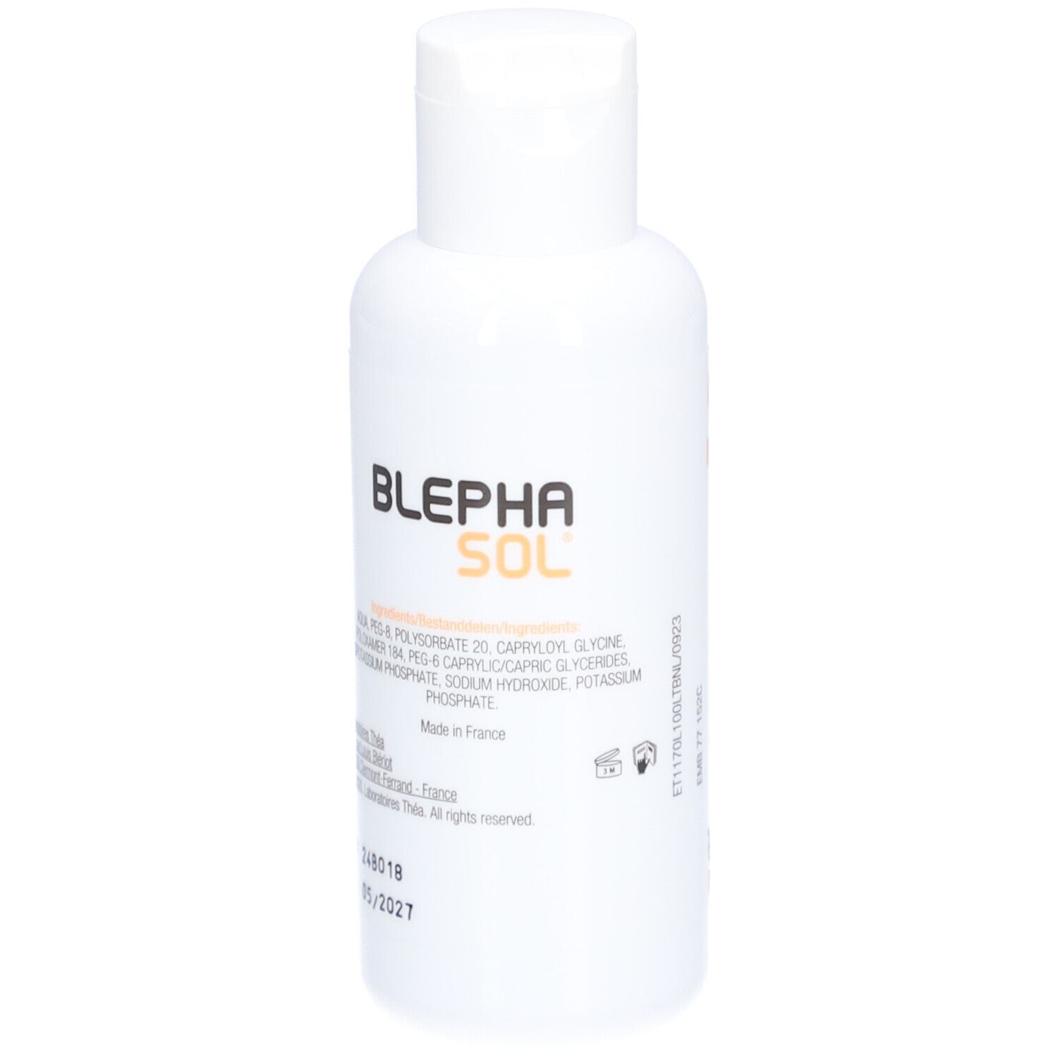 Flacone bianco con tappo bianco. Scritta BLEPHASOL. Contiene ingredienti. Numero di lotto e data di scadenza. Prodotto in Francia.