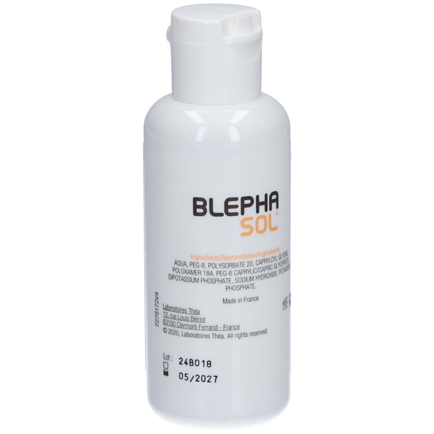 Flacone bianco con tappo bianco. Scritta BLEPHASOL. Contiene ingredienti. Numero di lotto e data di scadenza. Prodotto in Francia.