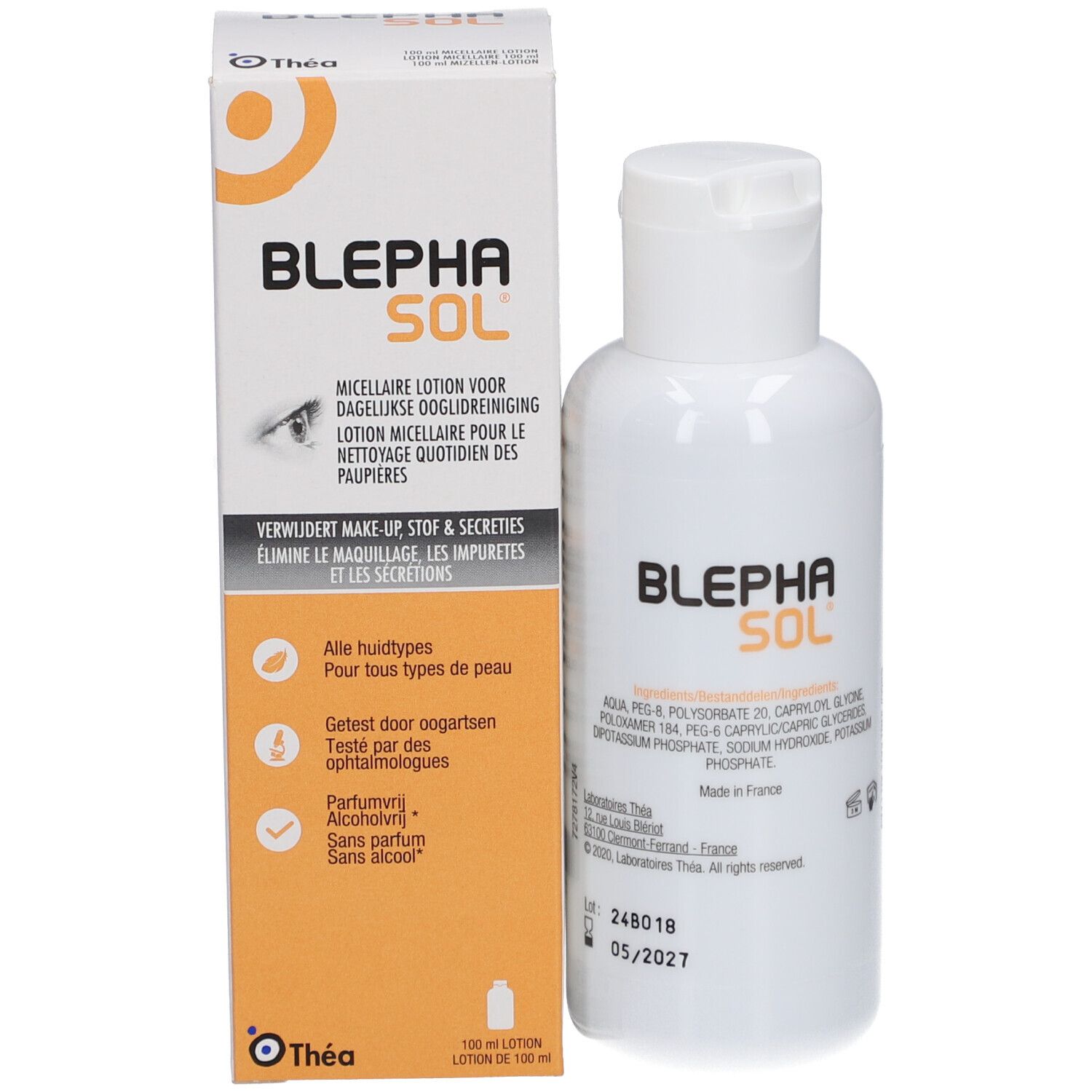 Confezione e flacone. Scritta BLEPHASOL. Testo in olandese e francese. 100 ml. Logo Théa. Senza profumo e alcool.