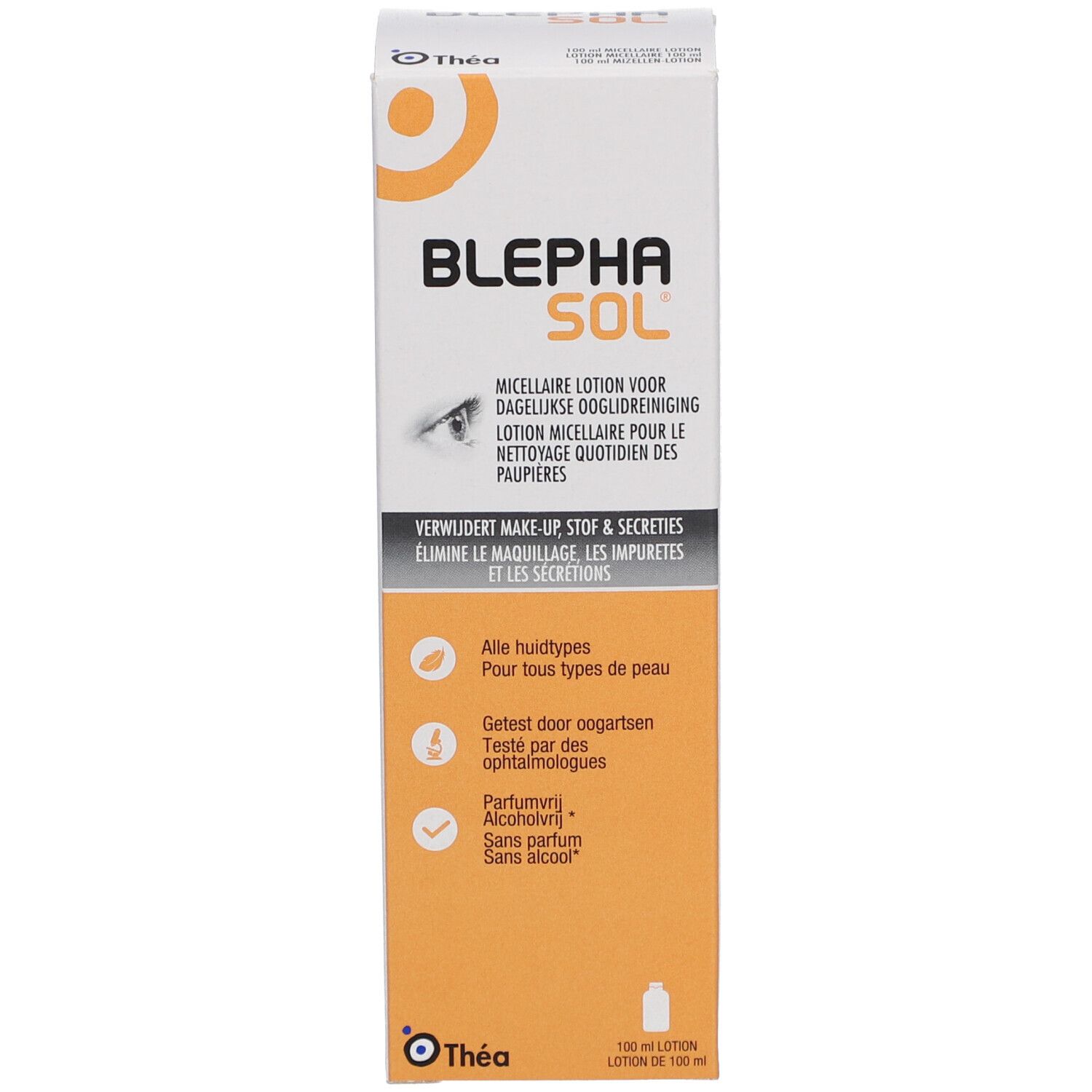 Confezione del prodotto. Scritta BLEPHASOL. Testo in olandese e francese. 100 ml. Logo Théa. Senza profumo e alcool.