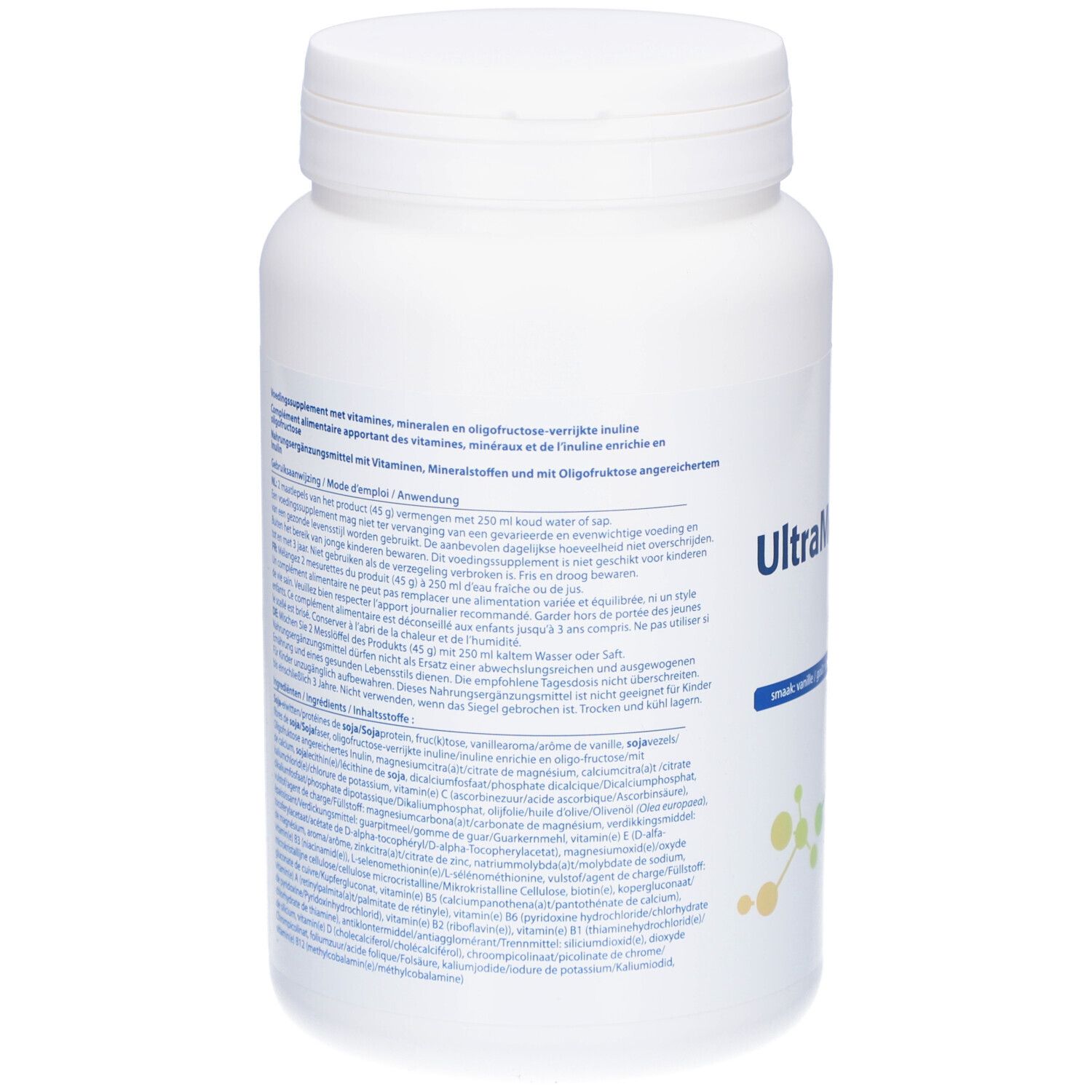 Due contenitori, uno più piccolo. Testo: Nuovo packaging, stessa formula. UltraMeal, marchio Metagenics.