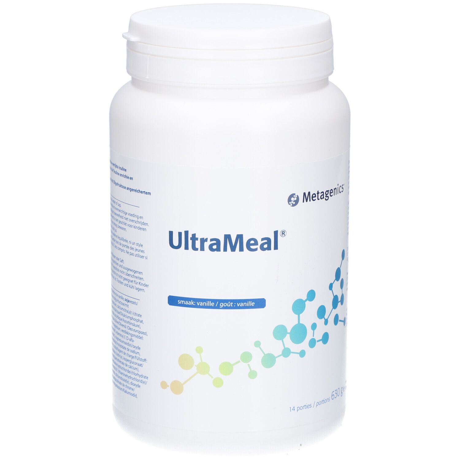 Contenitore bianco con coperchio. Scritta UltraMeal Vanille, marchio Metagenics. 14 porzioni, 630g.