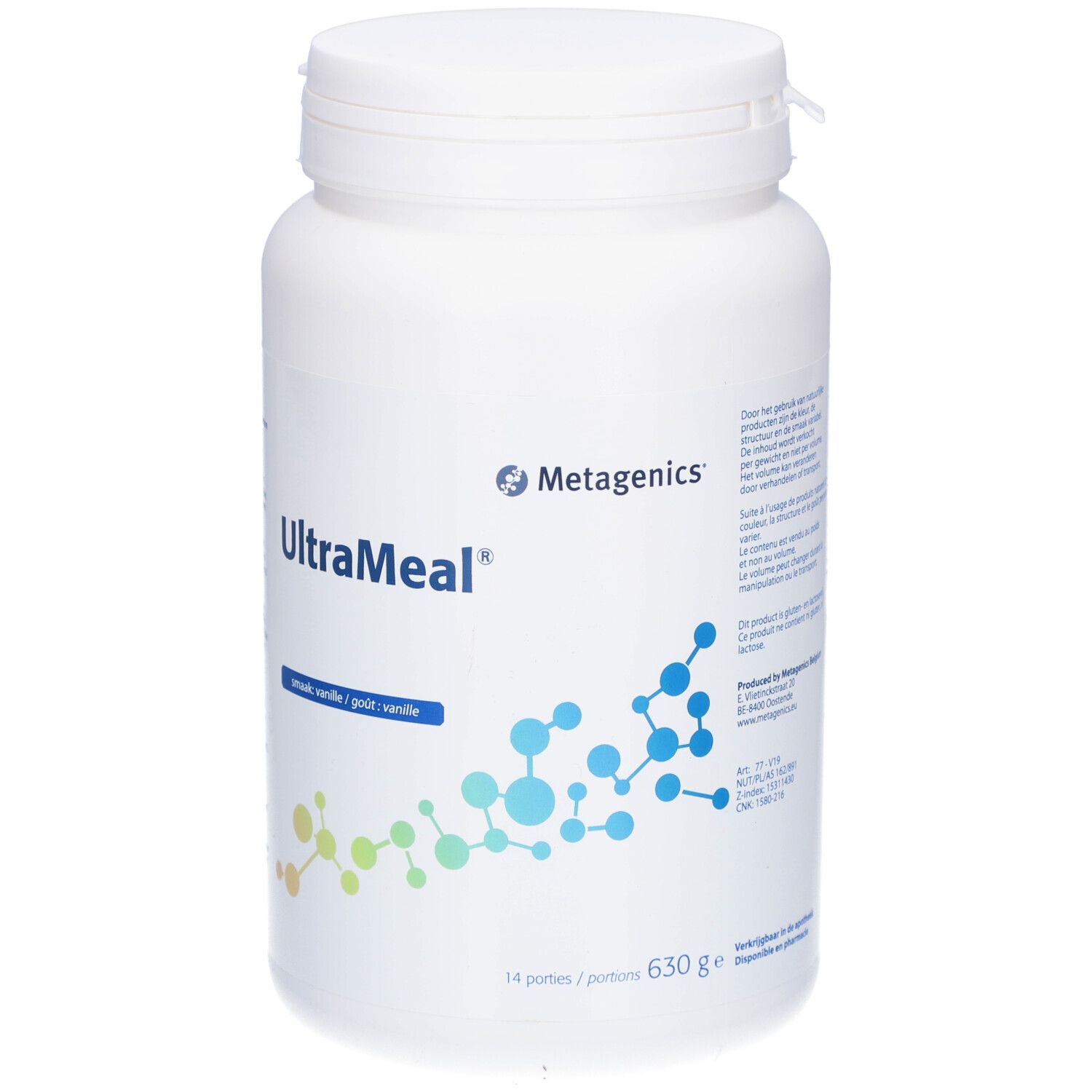 Contenitore bianco con coperchio. Scritta UltraMeal Vanille, marchio Metagenics. 14 porzioni, 630g.