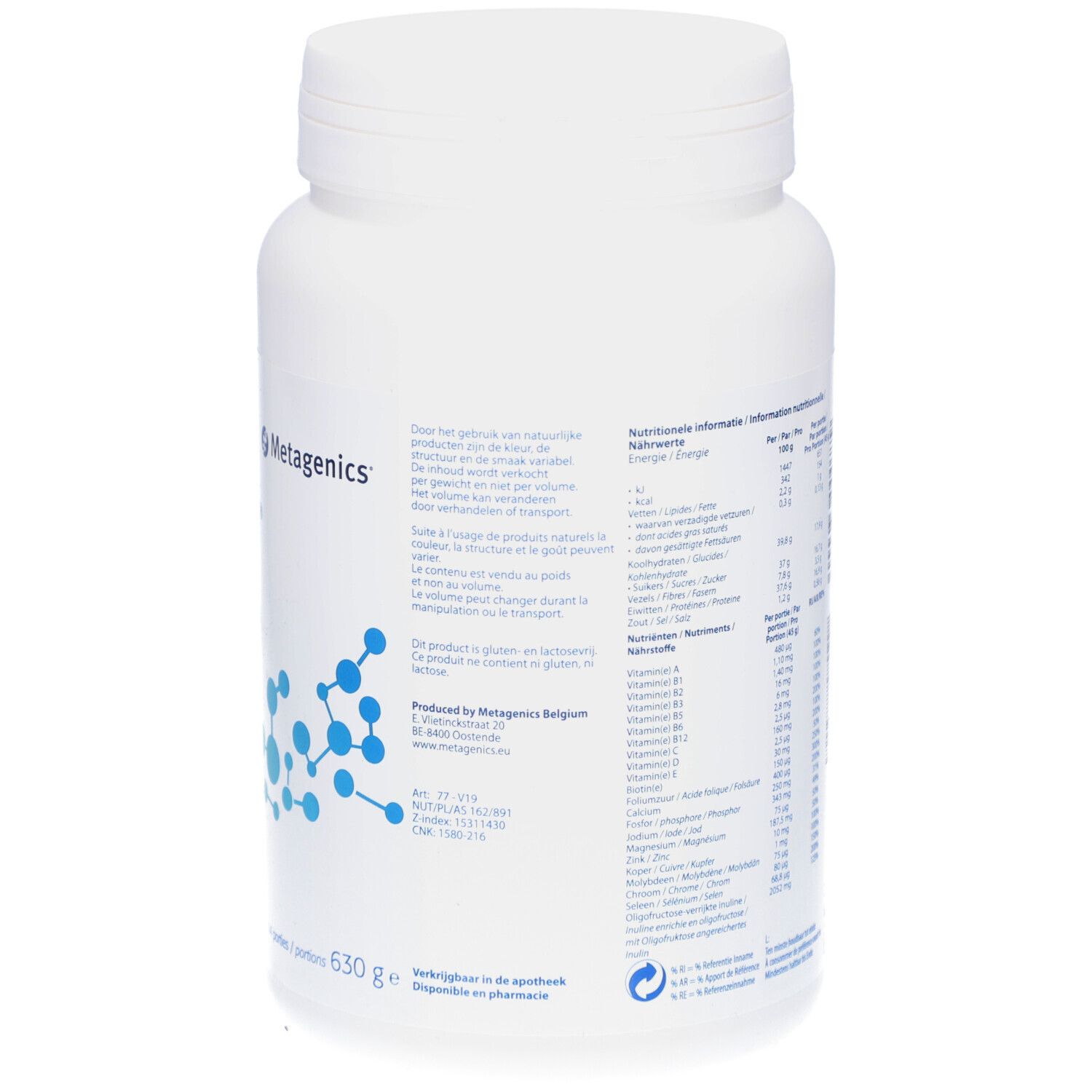 Retro del contenitore bianco. Testo e informazioni nutrizionali. Marchio Metagenics. 630g.