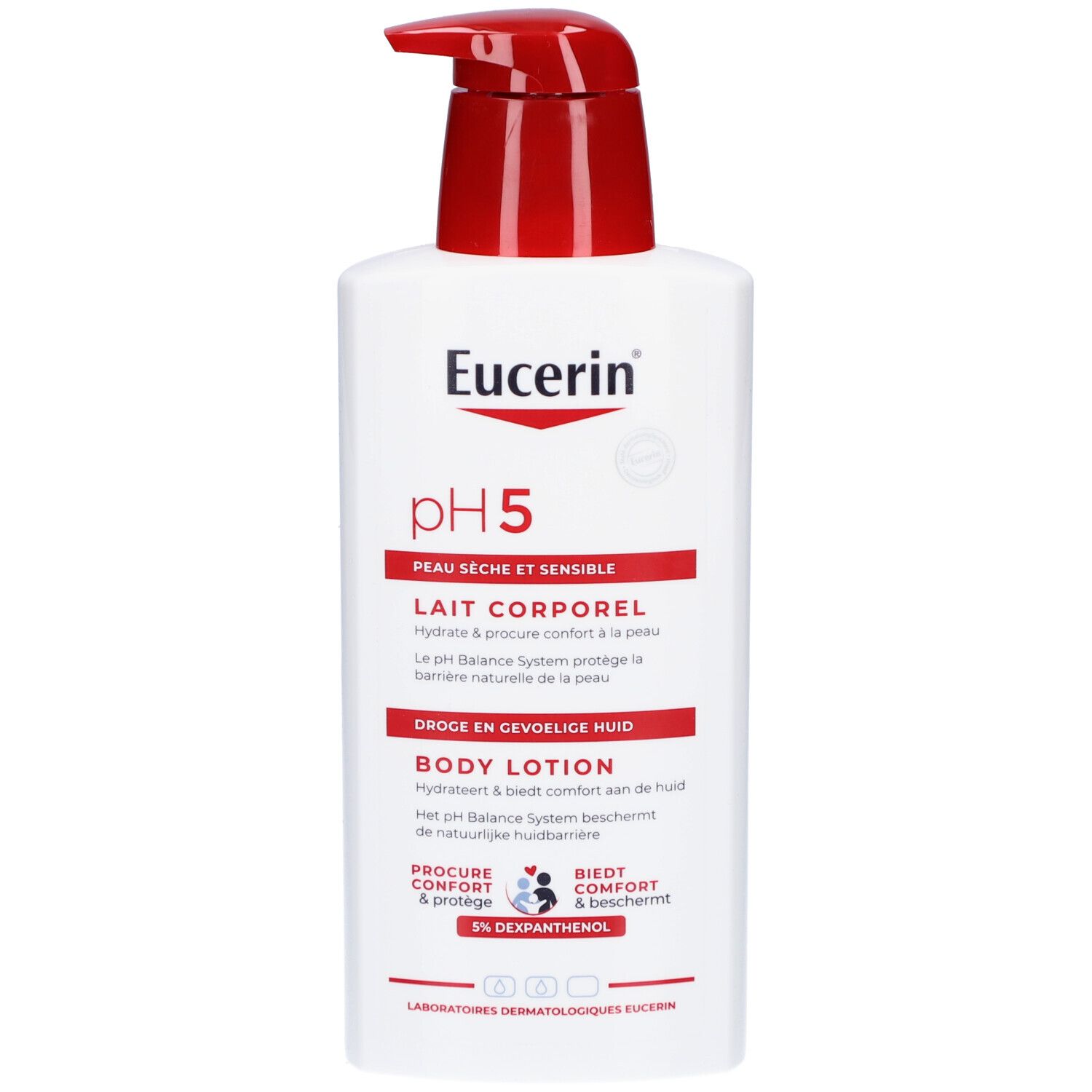Flacone bianco Eucerin pH5 con dosatore rosso. Testo: pH5, Lait Corporel.