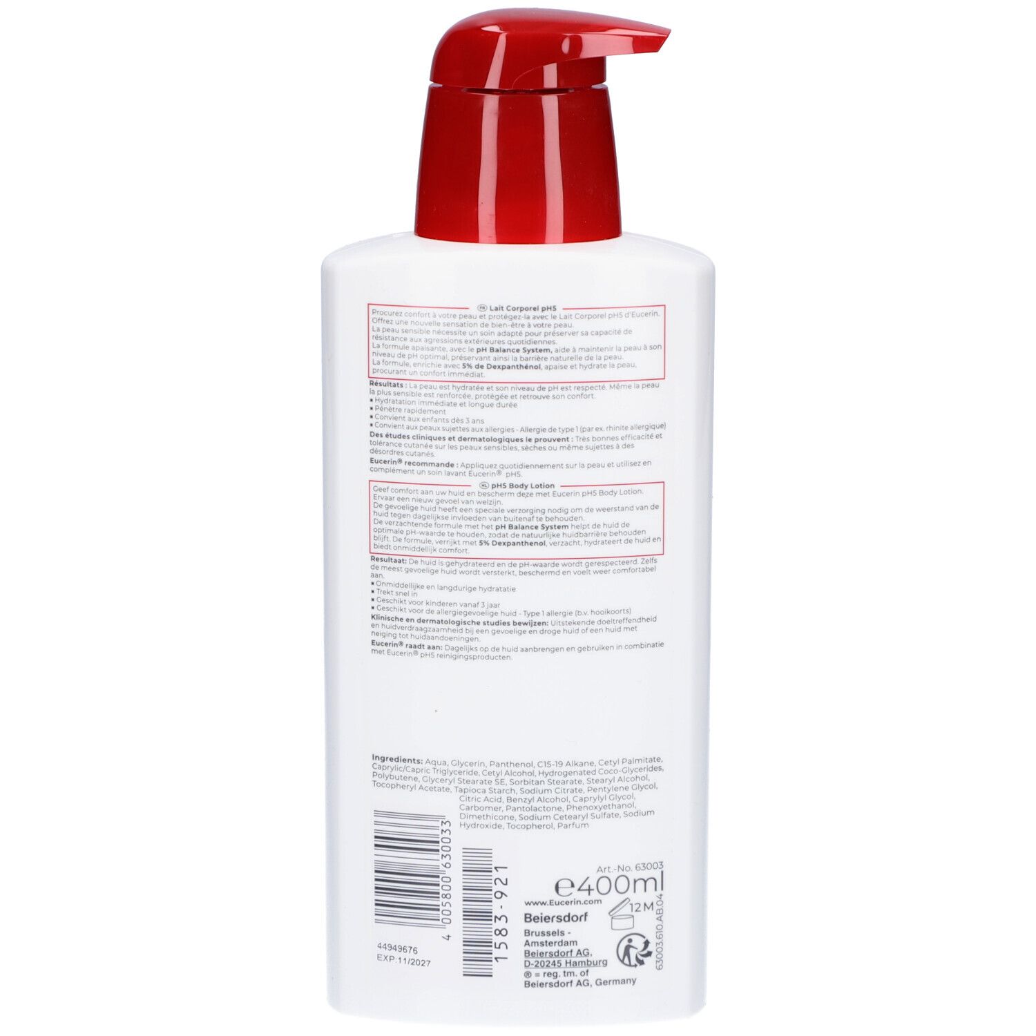 Retro del flacone Eucerin pH5. Testi e ingredienti visibili.