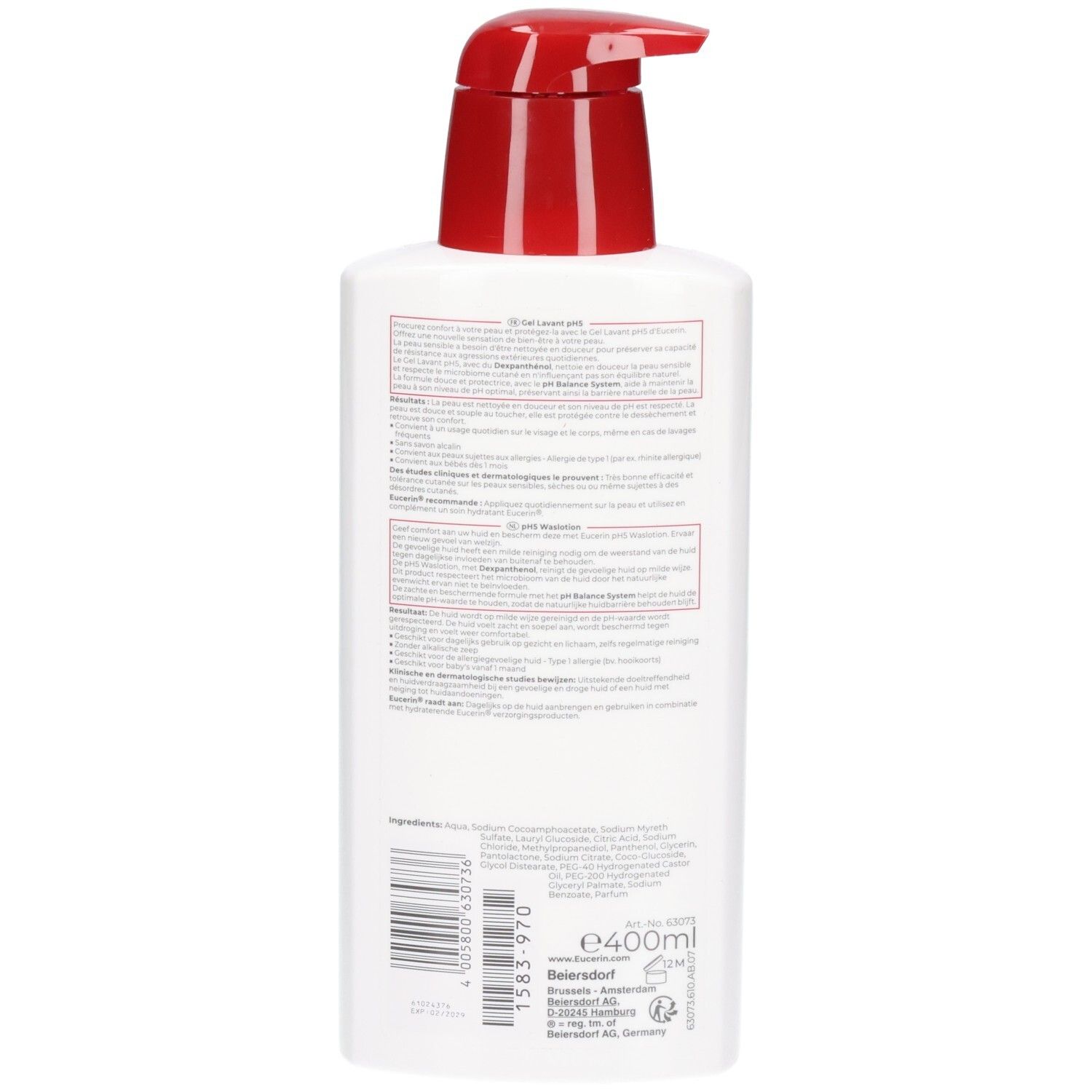 Retro della bottiglia Eucerin pH5 Lozione Lavante con informazioni sul prodotto e codice a barre.