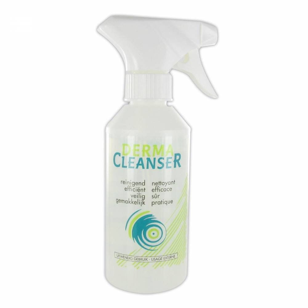 Flacone spray bianco con etichetta verde e blu. Scritta: Derma Cleanser. Parole aggiuntive: detergente, efficiente, sicuro, pratico.