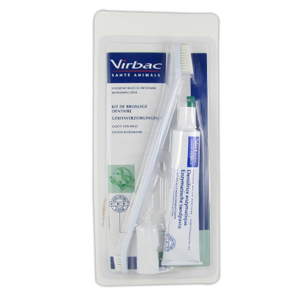 Kit per l'igiene orale per cani in confezione blister. Include spazzolino, dentifricio e applicatore. Marchio: Virbac.