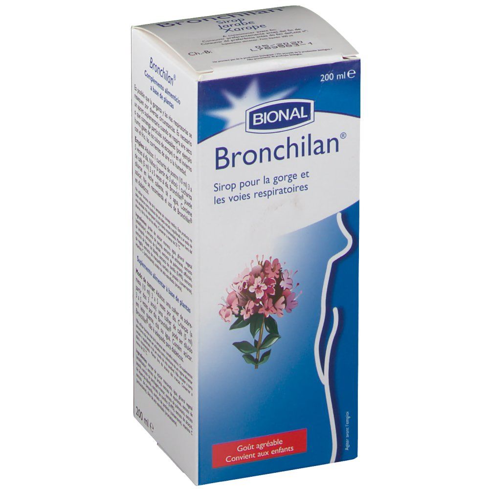 Scatola di sciroppo Bional Bronchilan. Scritto: Siroop pour la gorge et les voies respiratoires. Illustrazione di un fiore.