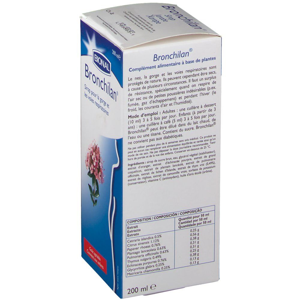 Retro della scatola di sciroppo Bional Bronchilan. Testo e ingredienti. 200 ml. Illustrazione di un fiore.