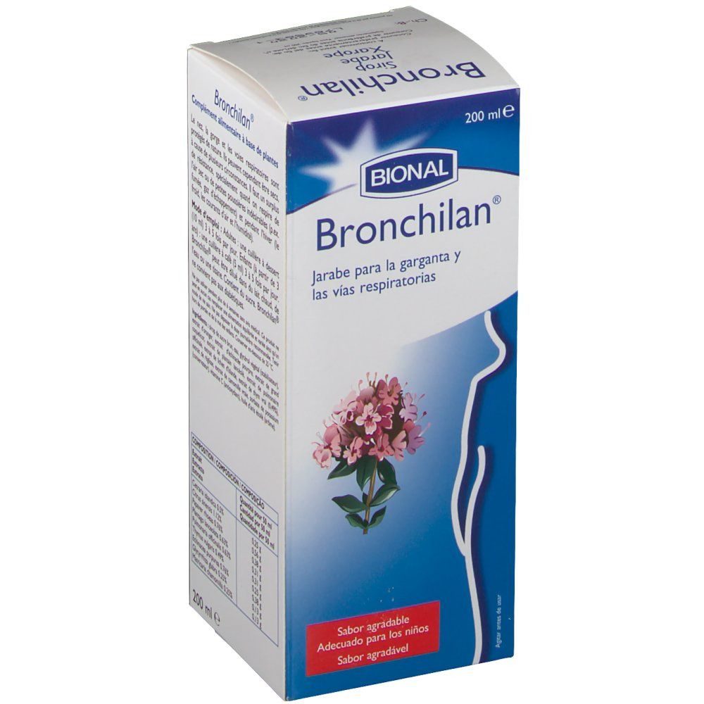 Scatola di sciroppo Bional Bronchilan. Scritto: Jarabe para la garganta y las vías respiratorias. Illustrazione di un fiore.