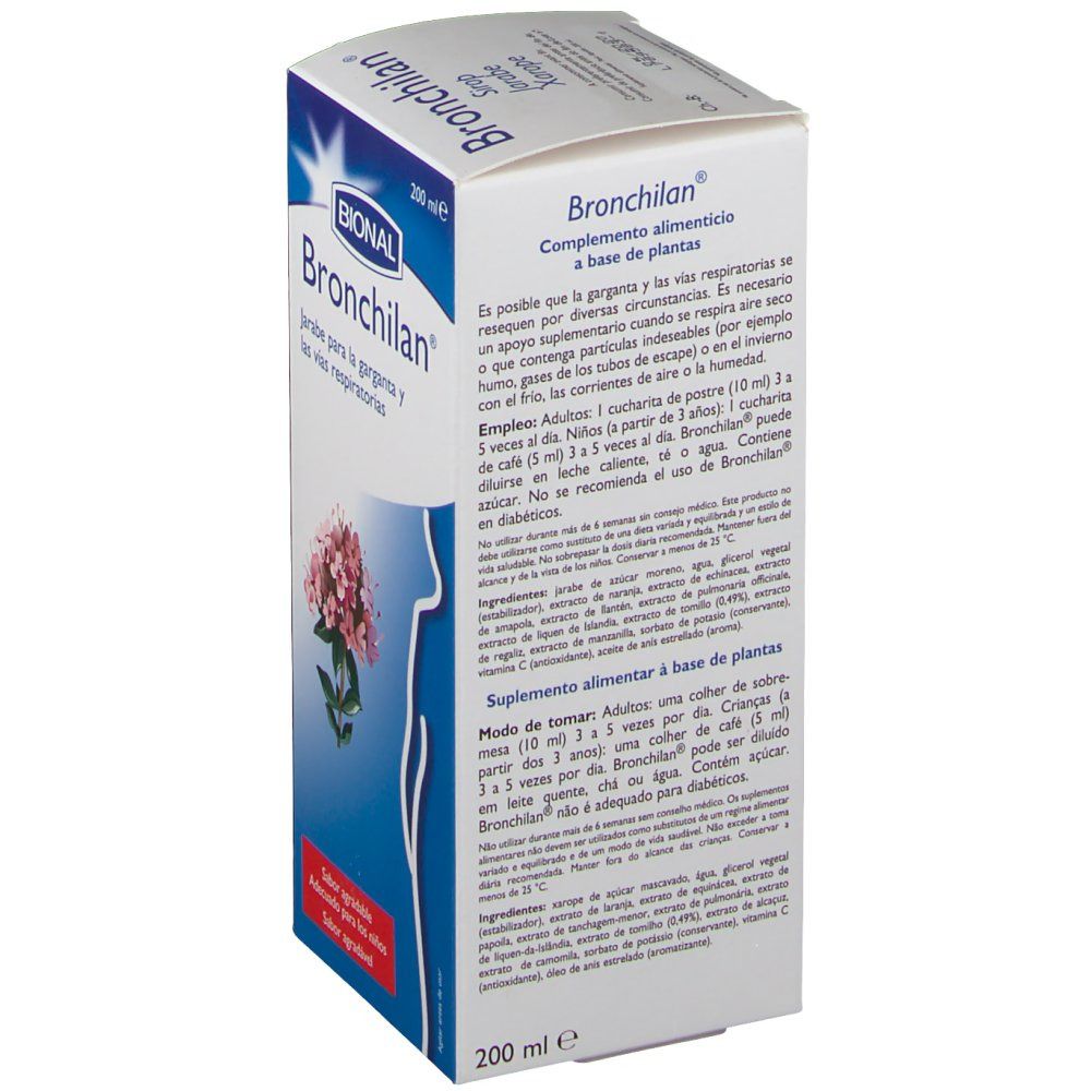 Retro della scatola di sciroppo Bional Bronchilan. Testo e ingredienti. 200 ml. Illustrazione di un fiore.
