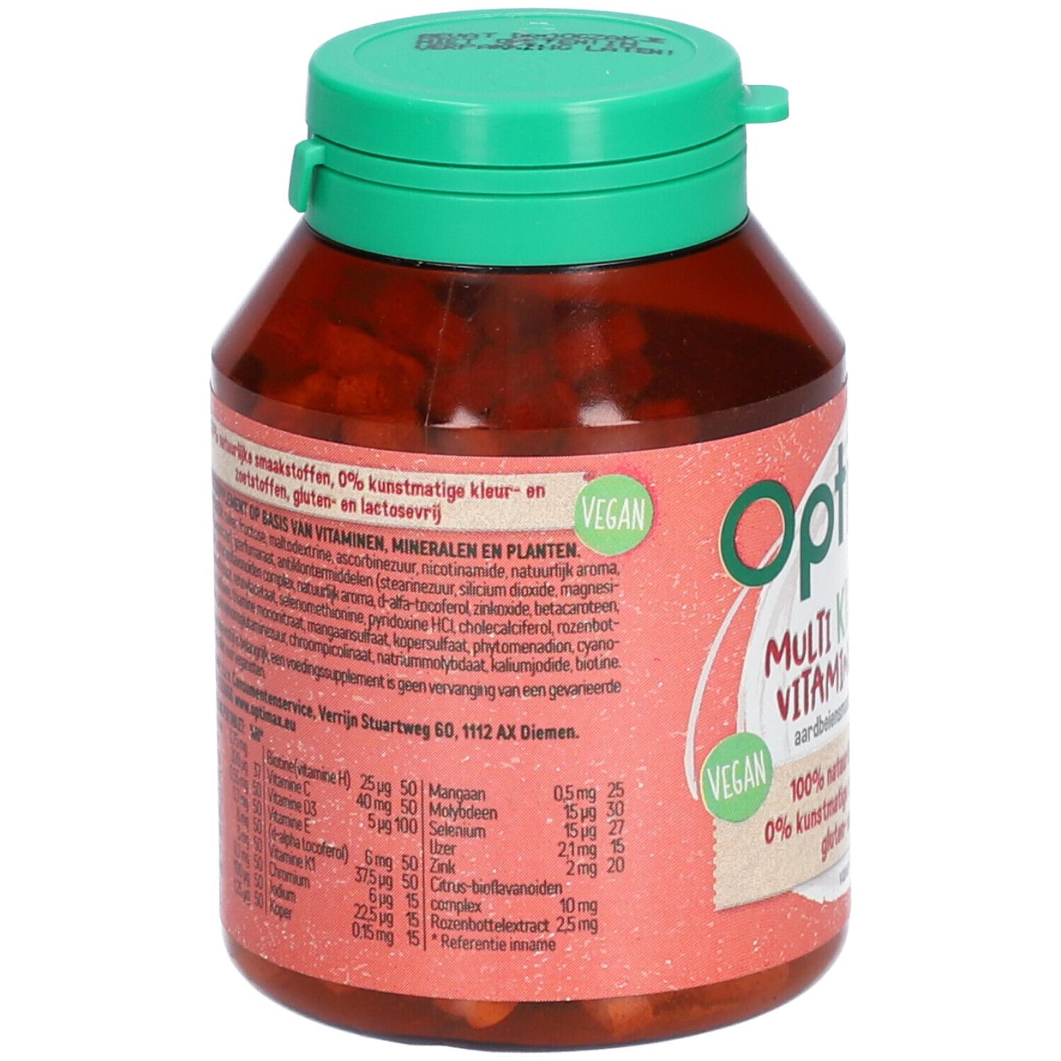 Flacone marrone con tappo verde. Scritta: Optimax Multi Vitamine. Sigillo vegano. Vista dettagliata degli ingredienti e dei valori nutrizionali.