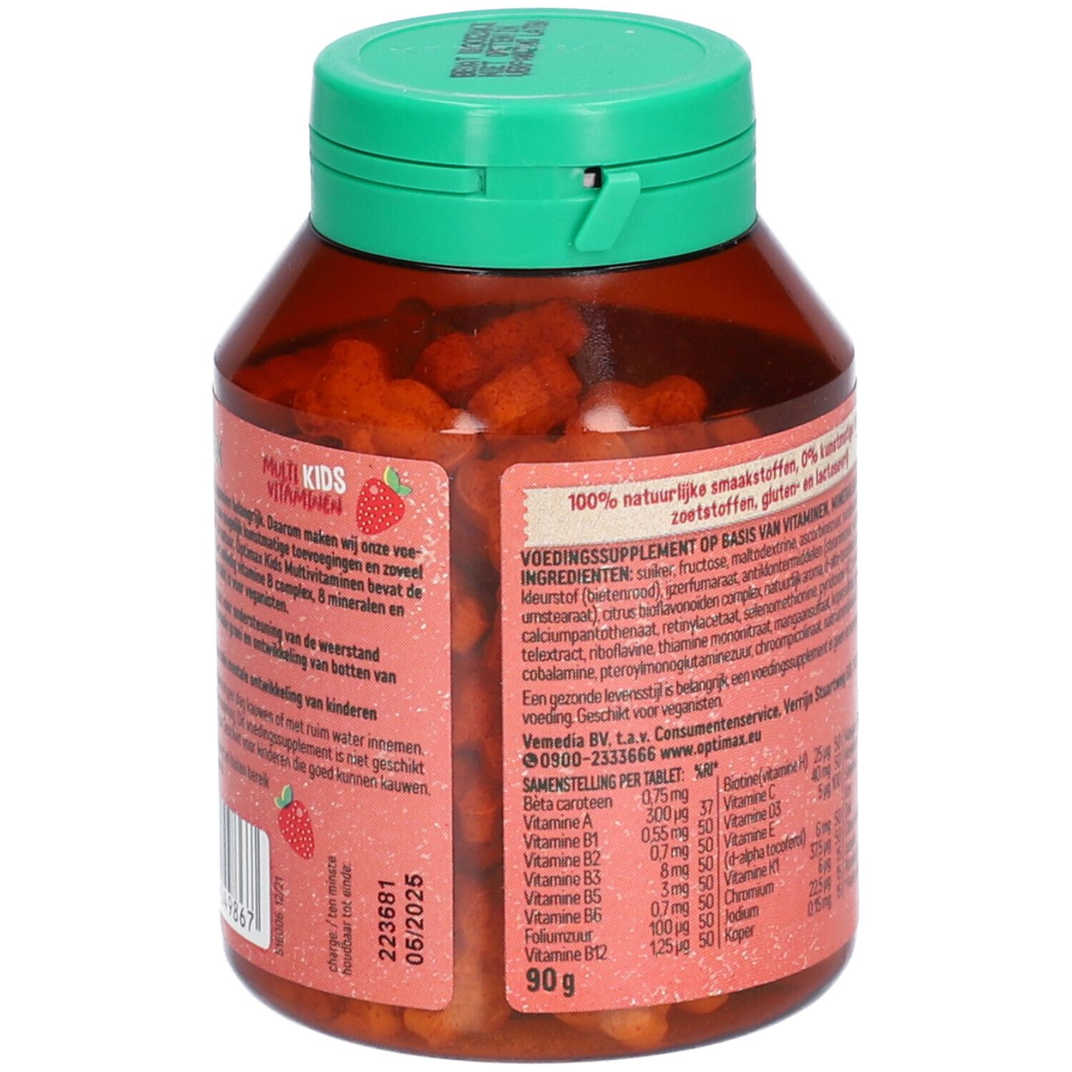 Flacone marrone con tappo verde, pieno di compresse. Scritta: Optimax Kids Vitamine. Gusto fragola. Sigillo vegano. Ingredienti.