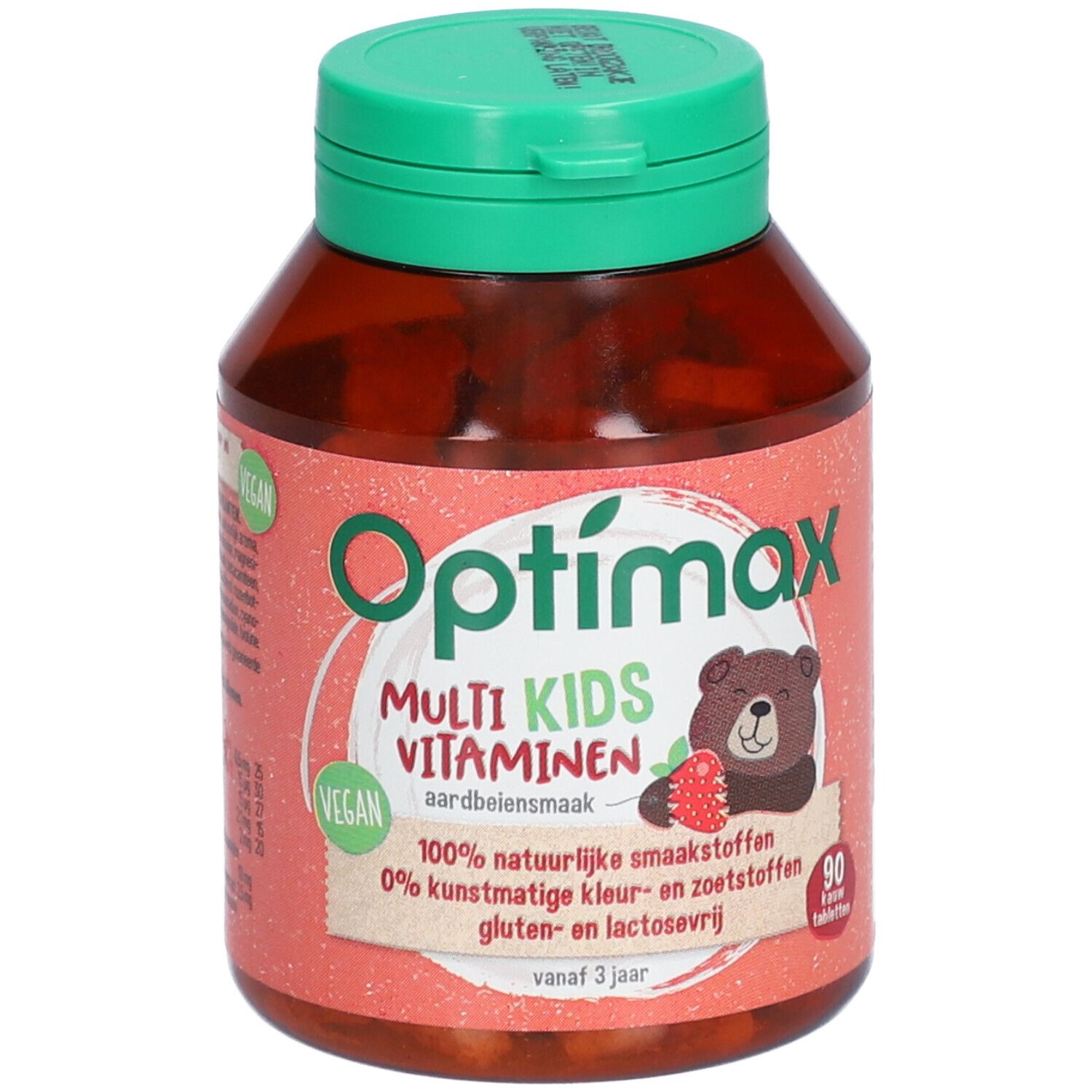 Flacone marrone con tappo verde. Scritta: Optimax Multi Kids Vitamine, gusto fragola. Illustrazione di un orso con fragola. Sigillo vegano.