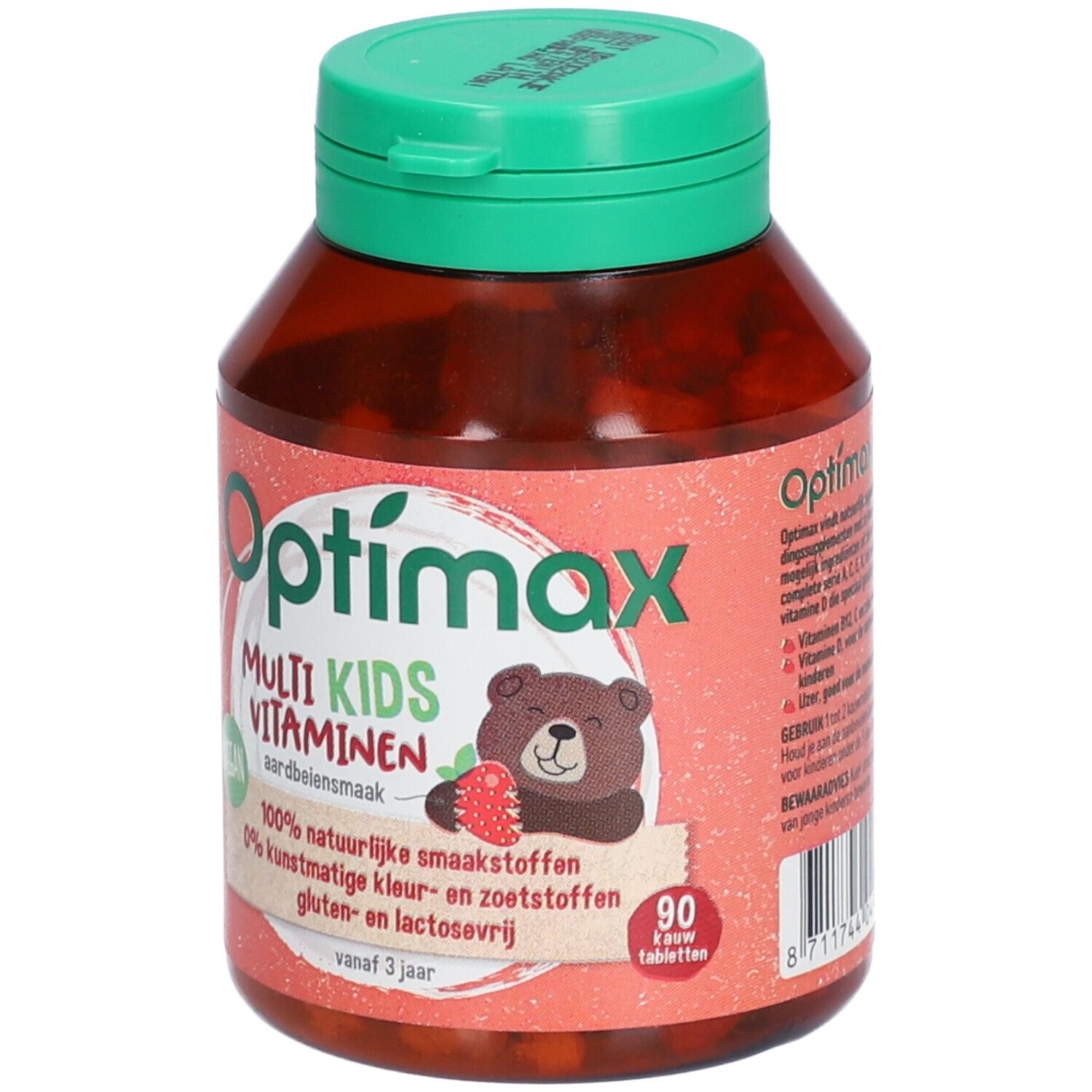 Flacone marrone con tappo verde. Scritta: Optimax Multi Kids Vitamine, gusto fragola. Illustrazione di un orso con fragola. 90 compresse.