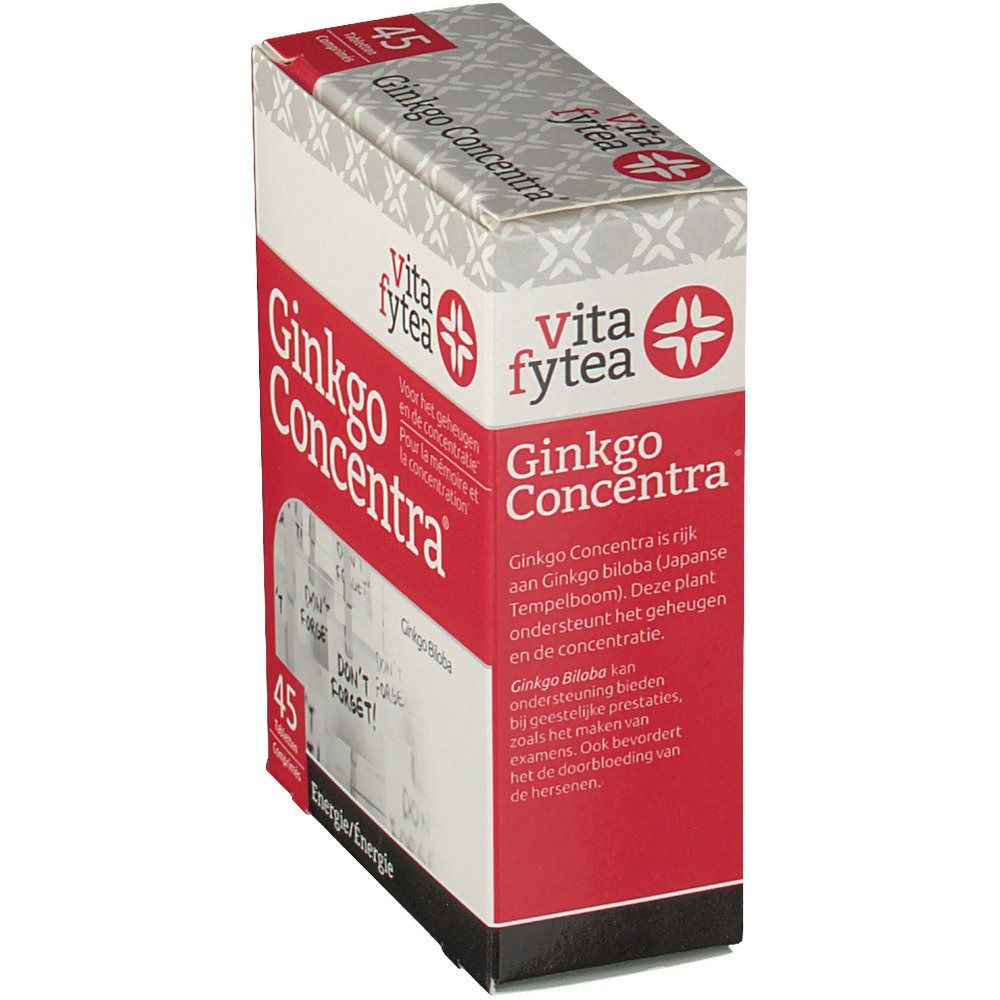 Confezione Vitafytea Ginkgo Concentra. Scatola rossa e bianca con nome e logo. Contiene 45 compresse. Testo in olandese.