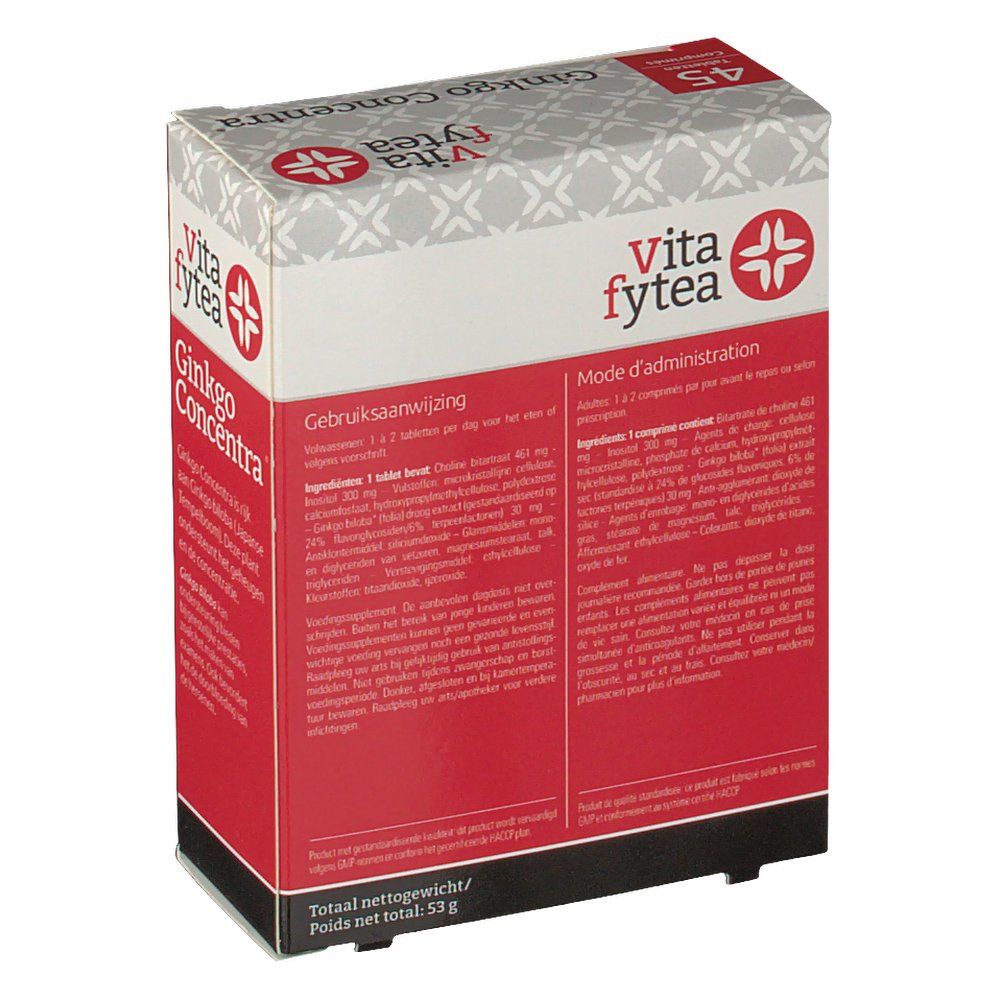 Confezione Vitafytea Ginkgo Concentra. Retro con informazioni sul prodotto e ingredienti. Peso totale 53g.