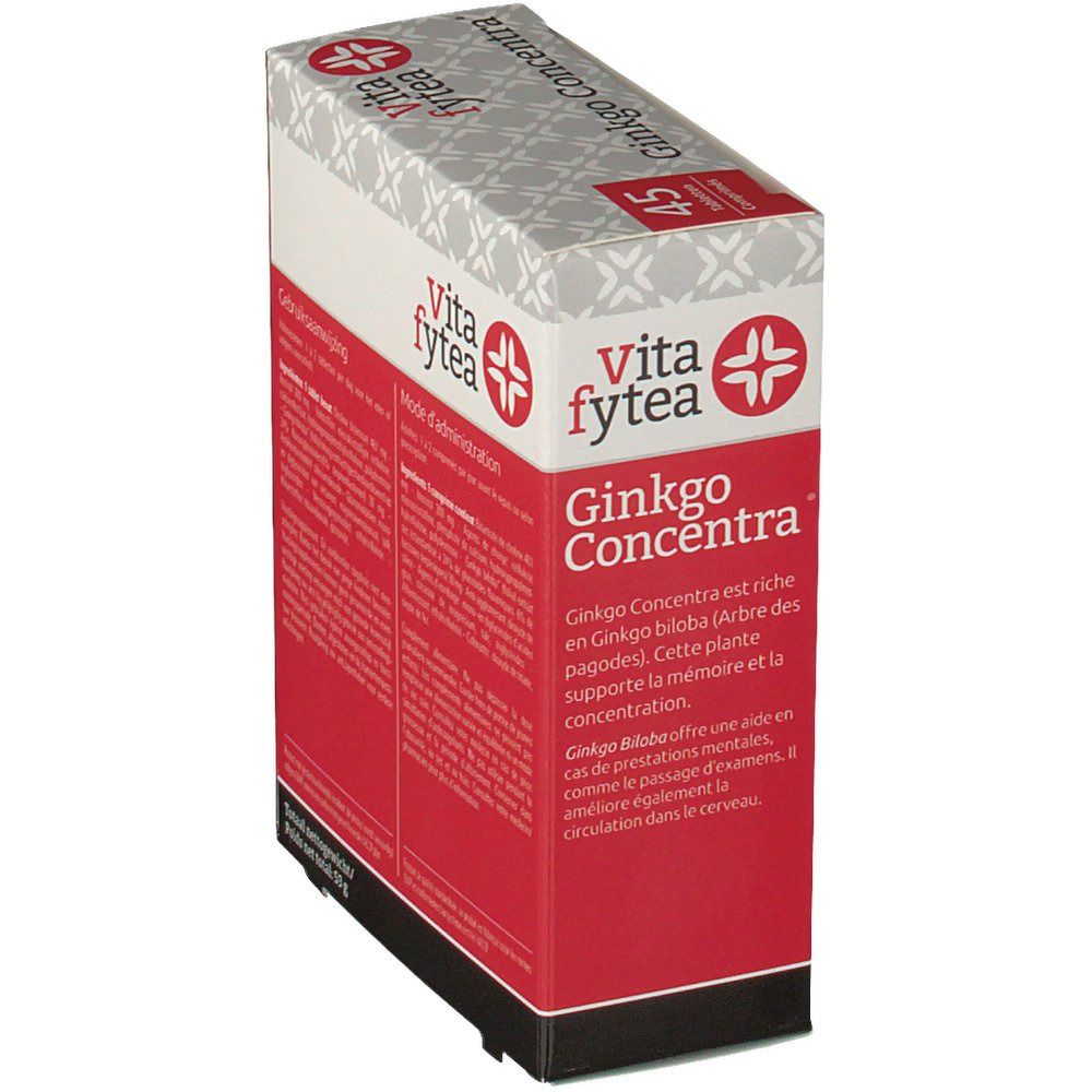 Confezione Vitafytea Ginkgo Concentra. Scatola rossa e bianca con nome e logo. Contiene 45 compresse. Testo in francese.