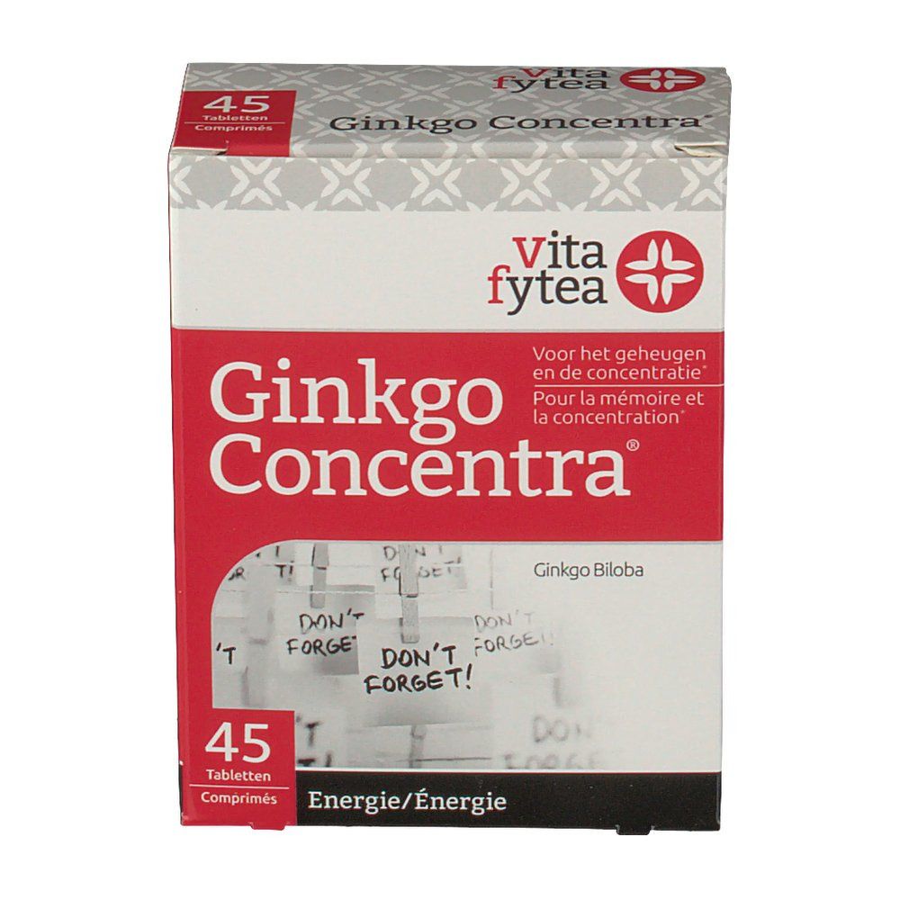 Confezione Vitafytea Ginkgo Concentra. Scatola rossa e bianca con nome e logo. Contiene 45 compresse. Testo « Energia ».