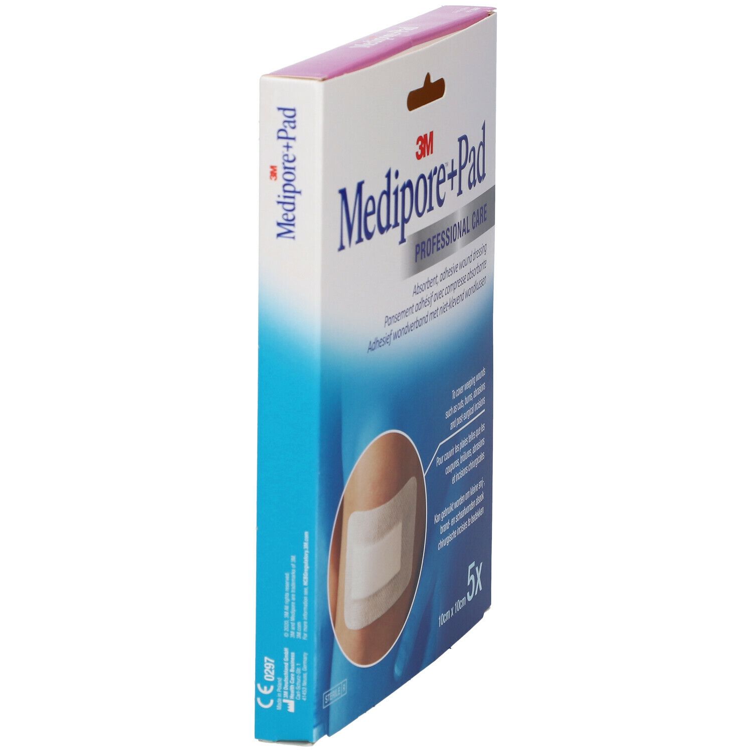 Vista laterale della confezione Medipore+Pad. Scritta Medipore+Pad. Confezione con immagine e informazioni sul prodotto.