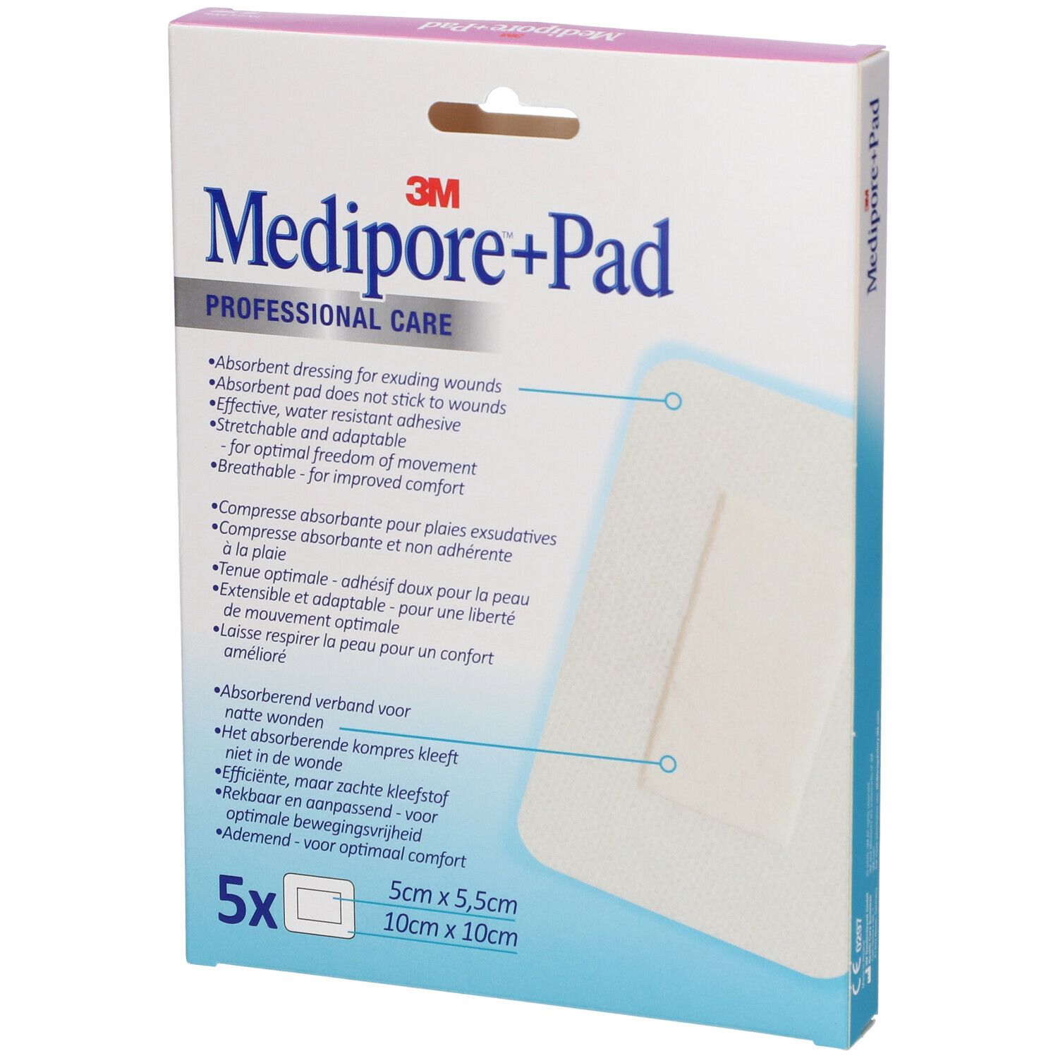 Confezione di medicazioni Medipore+Pad. Scritta Medipore+Pad, 10x10cm, 5 pezzi. Informazioni multilingue.