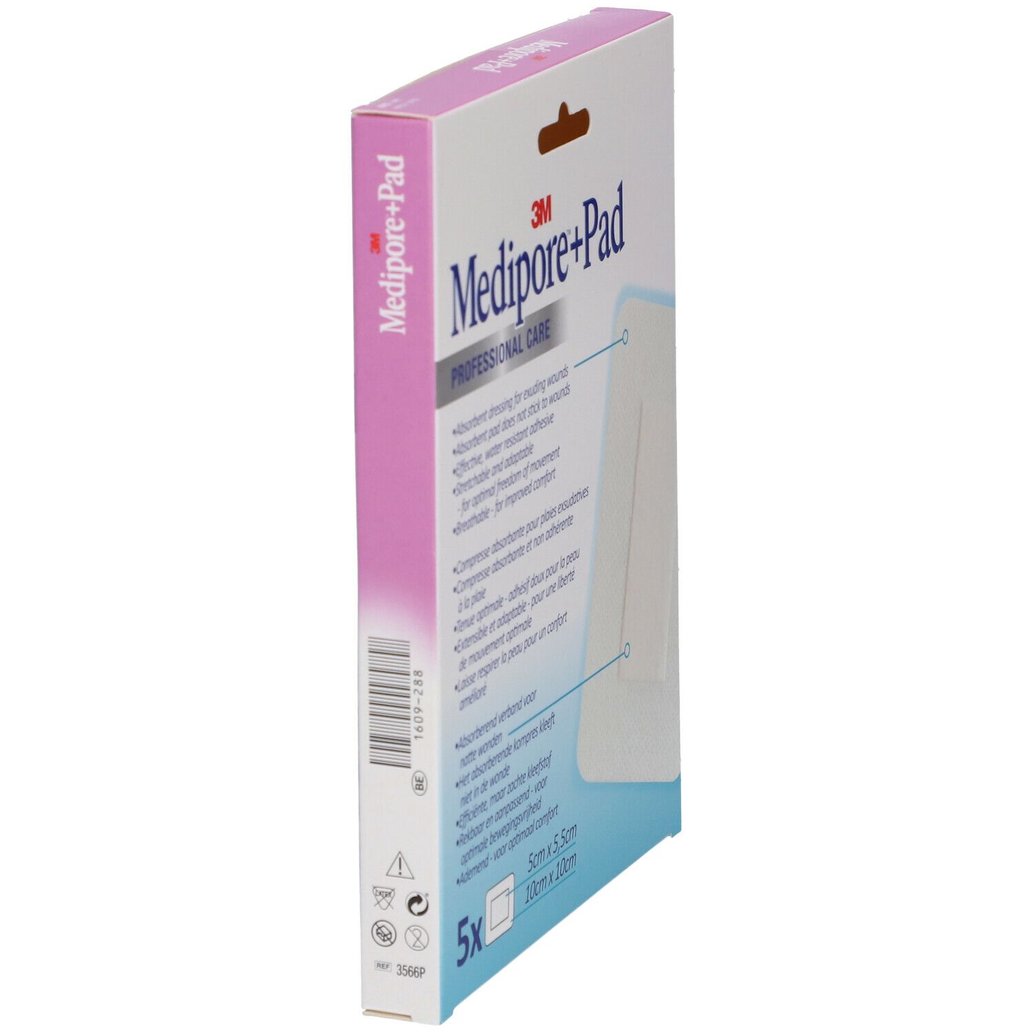 Vista laterale della confezione Medipore+Pad. Scritta Medipore+Pad. Confezione con informazioni e simboli.