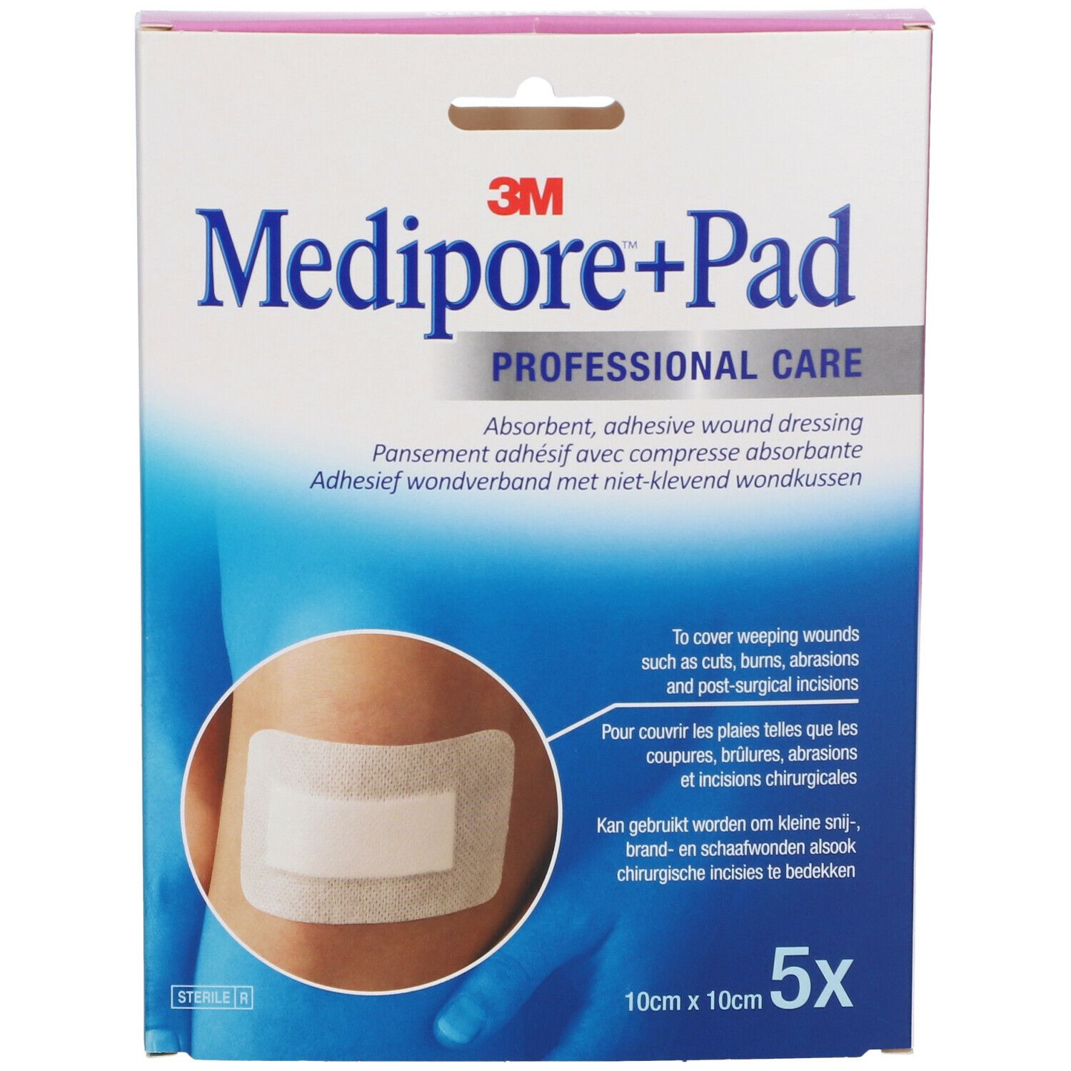 Confezione di medicazioni Medipore+Pad. Dimensioni 10x10cm, 5 pezzi. Immagine di un cerotto adesivo applicato.