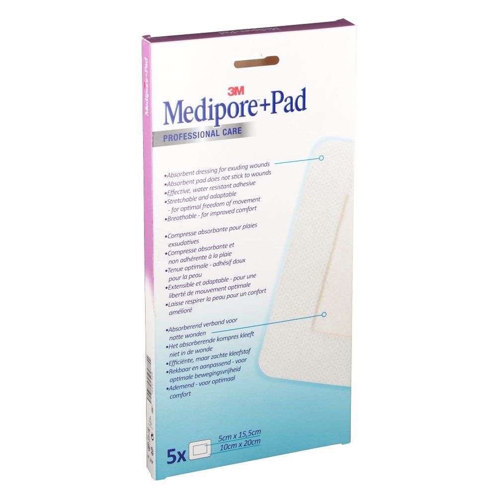 Confezione 3M Medipore+Pad. Scatola bianca con nome e logo del prodotto. 5 pezzi. Caratteristiche stampate. Dimensione: 10cm x 20cm.