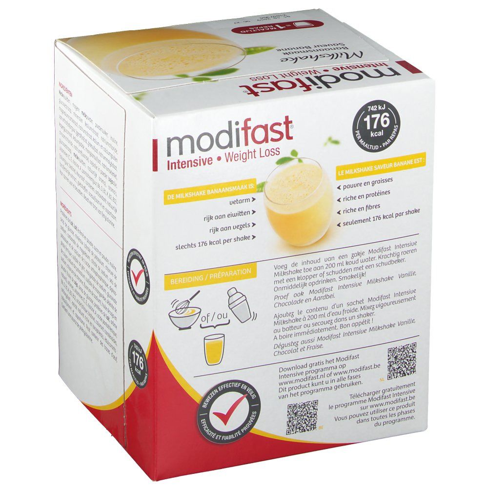 Confezione Modifast Intensive Milkshake Banane. Istruzioni per la preparazione e valori nutrizionali. Logo rosso, testo bianco. Bevanda gialla.