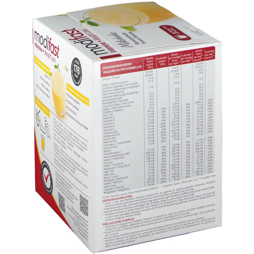 Confezione Modifast Intensive Milkshake Banane. Tabella nutrizionale. Logo rosso, testo bianco. Bevanda gialla in un bicchiere. Vista dettagliata.