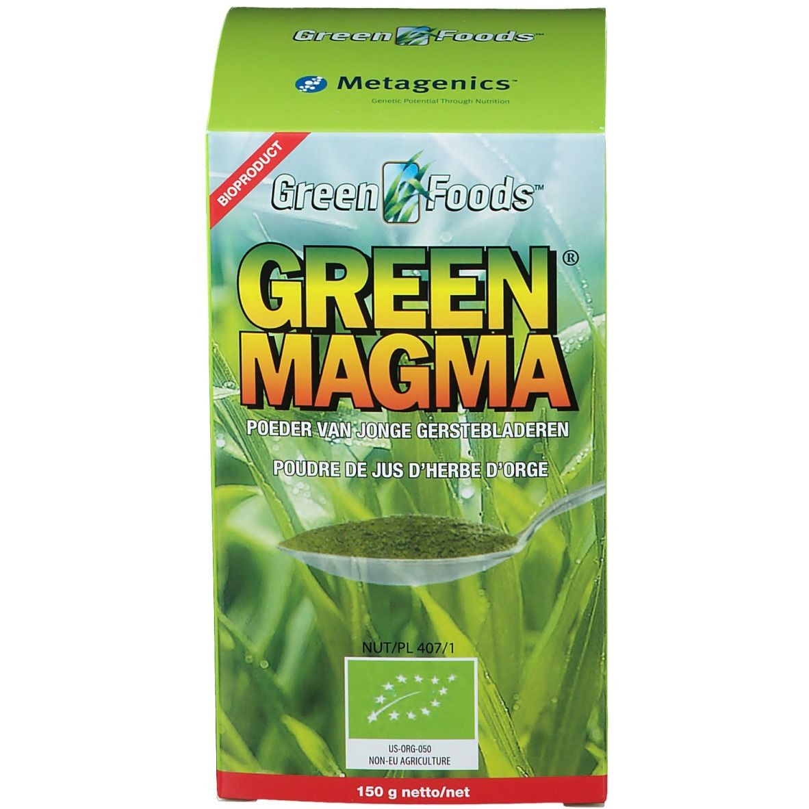 Confezione del prodotto verde. Testo e logo. Cucchiaio con polvere verde. Marchio biologico.