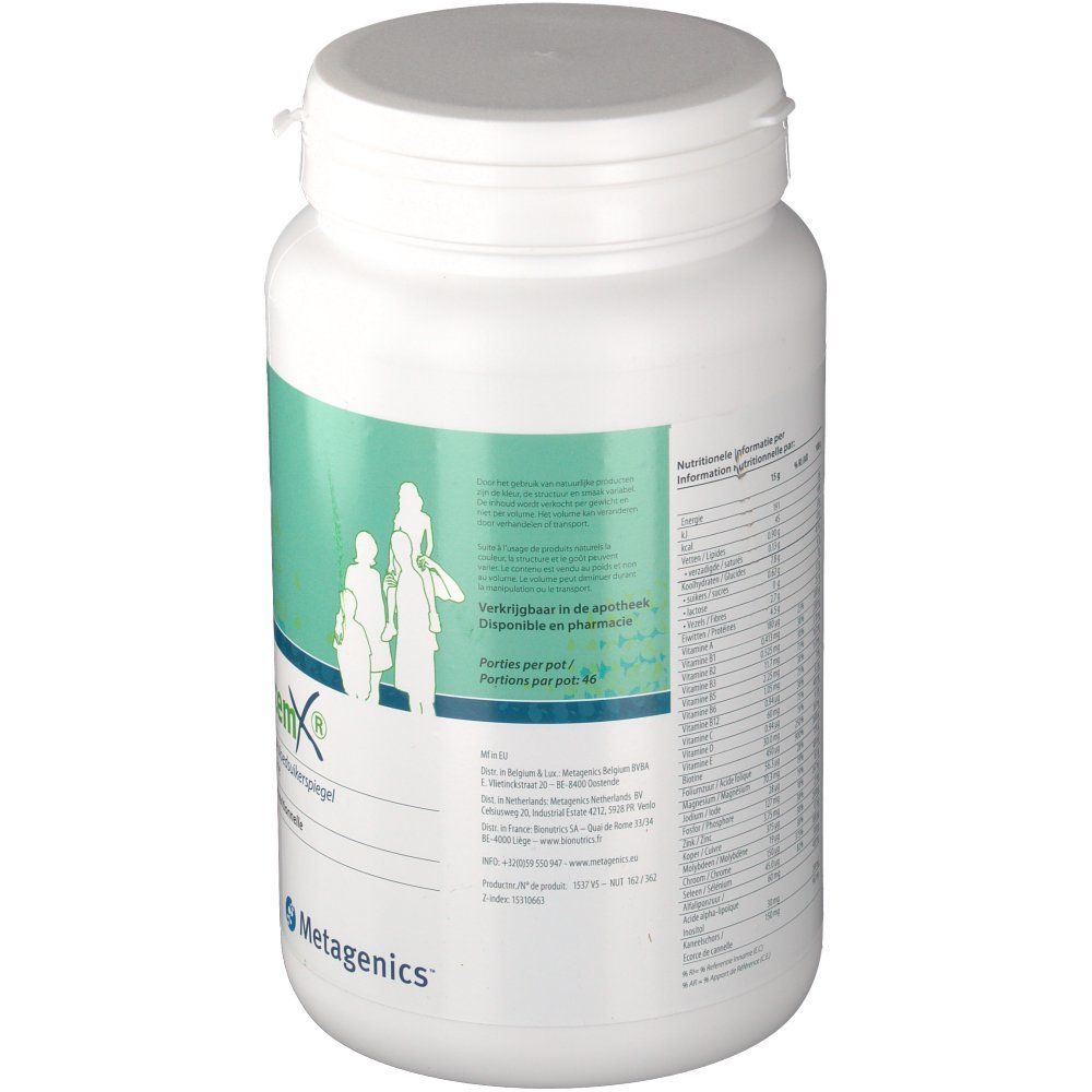 Vista posteriore del prodotto cilindrico bianco. Etichetta con testo e informazioni nutrizionali. Tappo a vite. Logo Metagenics.