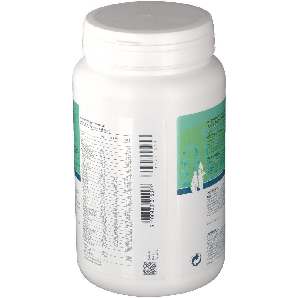 Vista posteriore del prodotto cilindrico bianco. Etichetta con testo, informazioni nutrizionali e codice a barre. Tappo a vite.