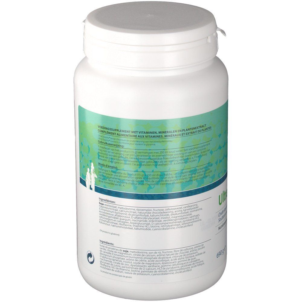 Vista posteriore del prodotto cilindrico bianco. Etichetta con testo, ingredienti e informazioni nutrizionali. Tappo a vite.