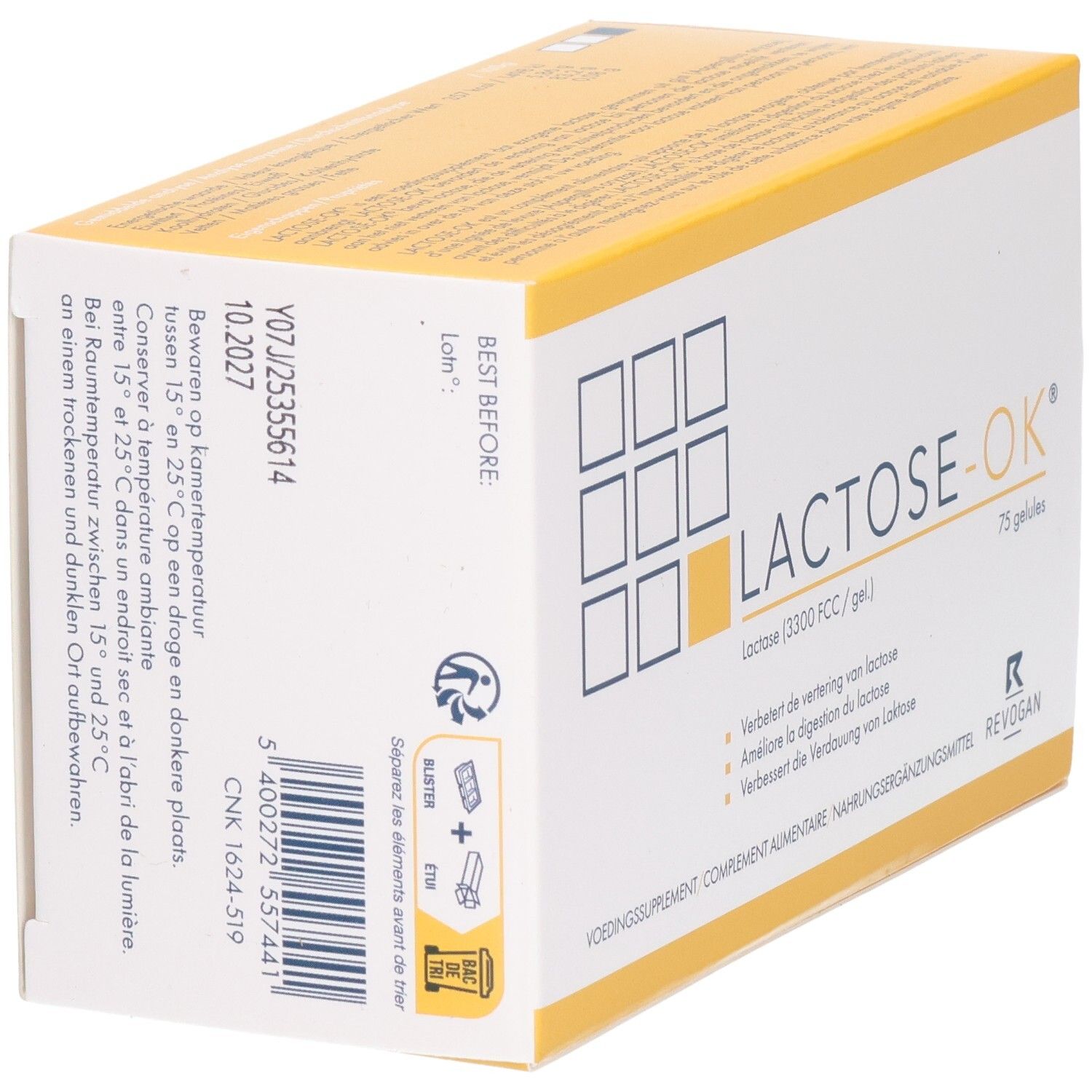 Scatola gialla con scritta bianca: LACTOSE-OK, 75 capsule. Contiene lattasi. Integratore alimentare. Testo sul retro.
