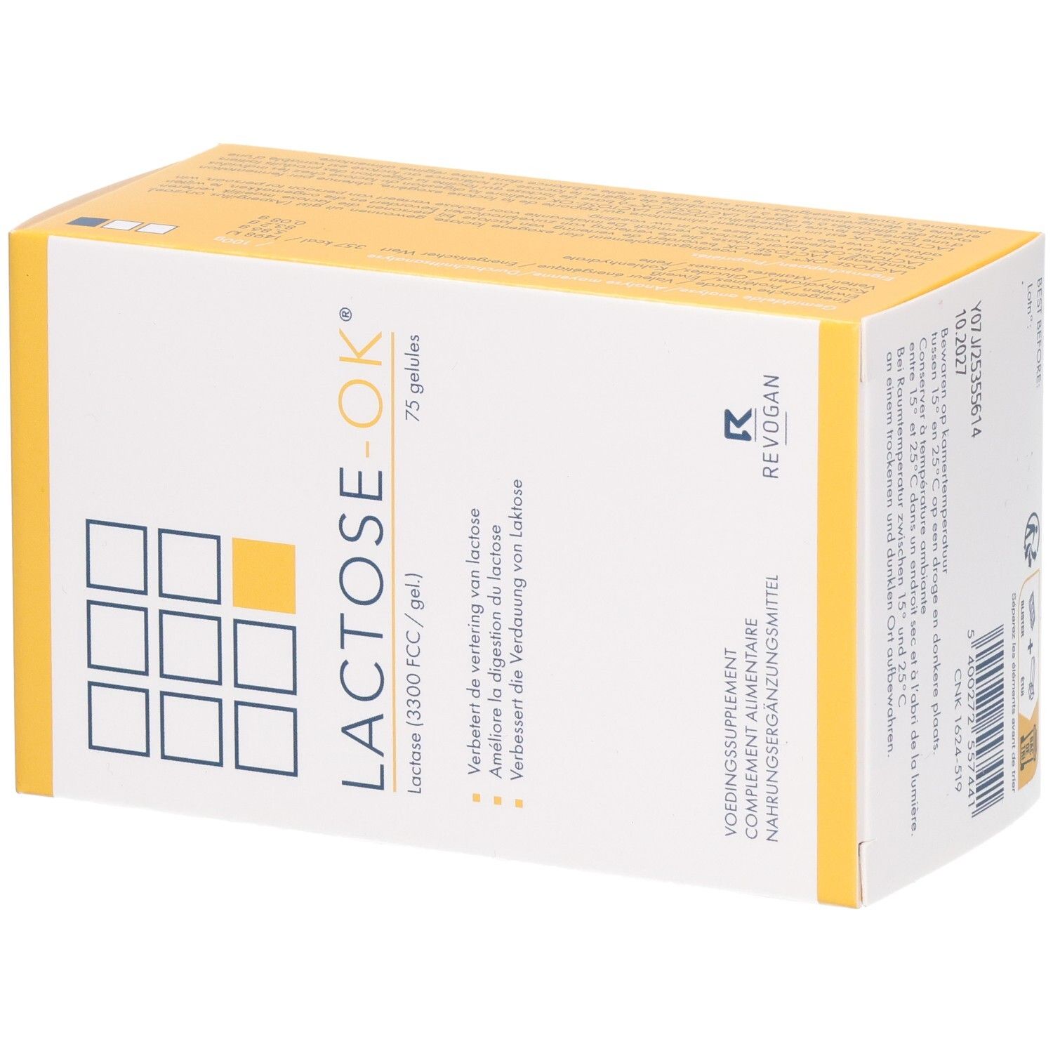 Scatola gialla con scritta bianca: LACTOSE-OK, 75 capsule. Contiene lattasi. Integratore alimentare.