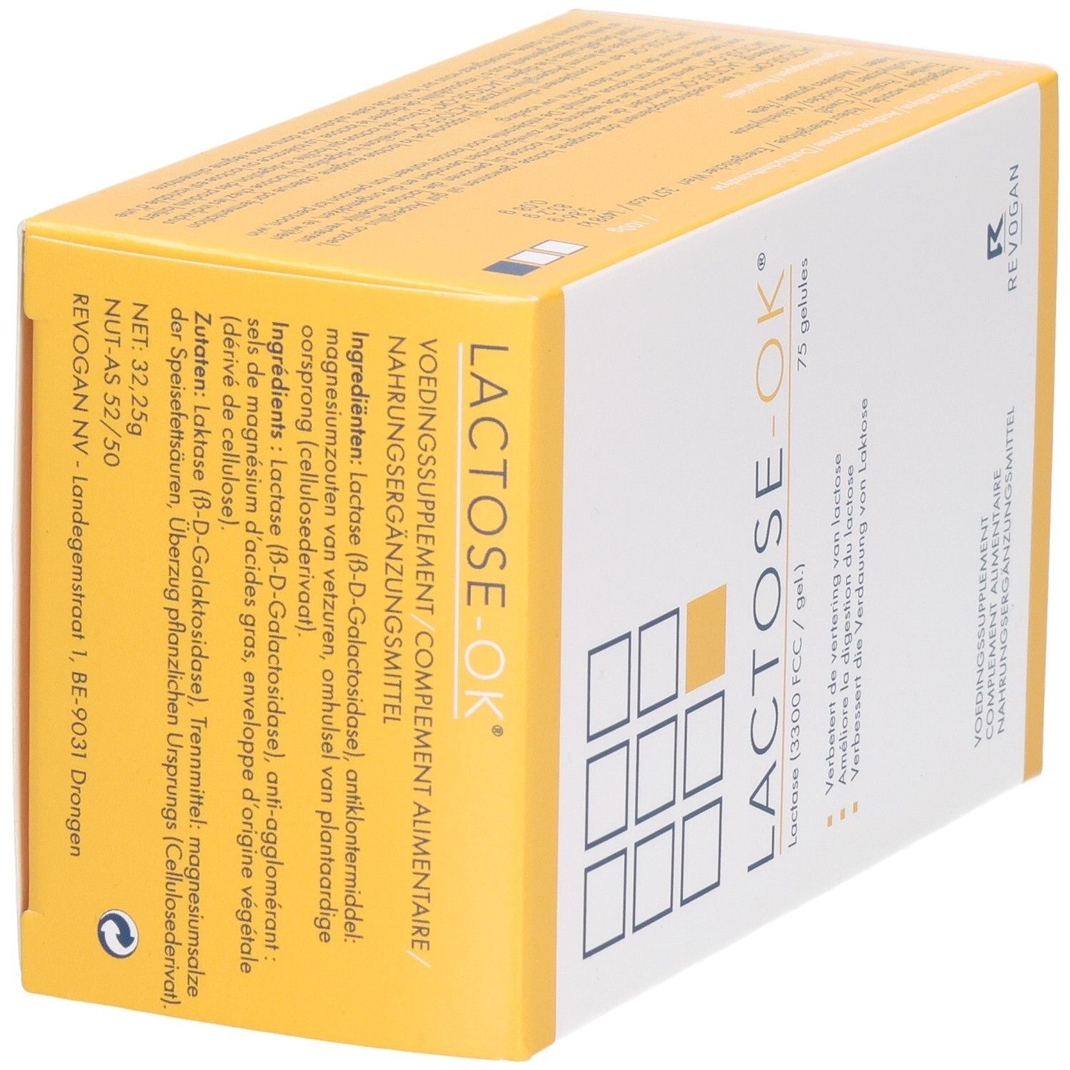 Scatola gialla con scritta bianca: LACTOSE-OK, 75 capsule. Contiene lattasi. Integratore alimentare. Elenco ingredienti.