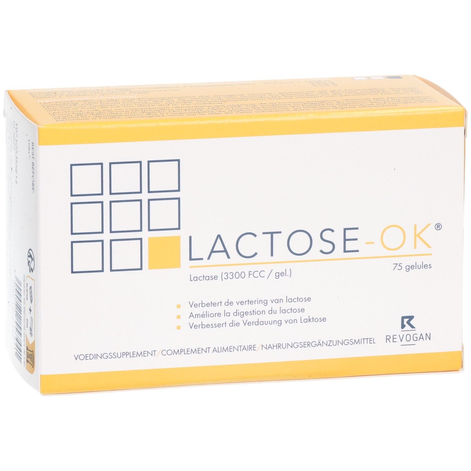 Scatola gialla con scritta bianca: LACTOSE-OK, 75 capsule. Contiene lattasi. Integratore alimentare.
