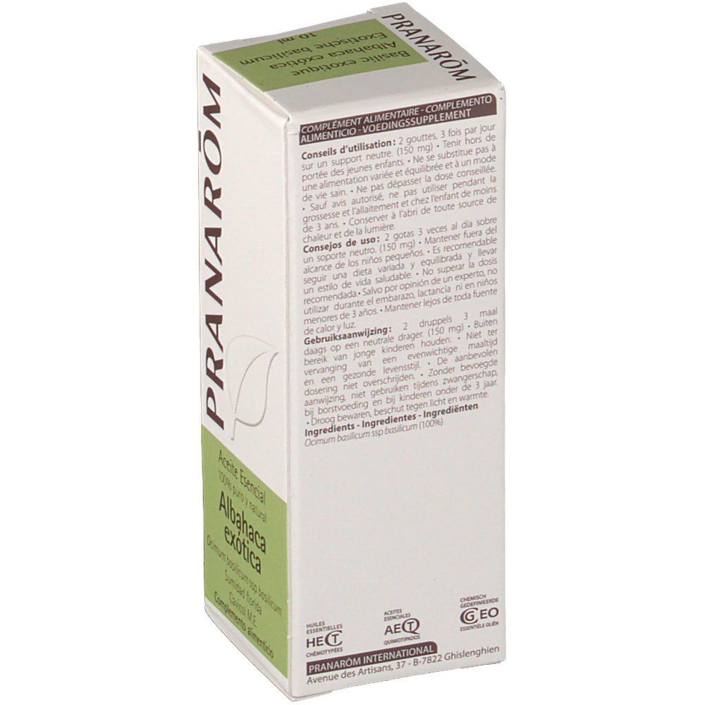 Retro della confezione bianca. Testo multilingue. Contiene informazioni sull'uso e sugli ingredienti. Loghi e certificazioni.