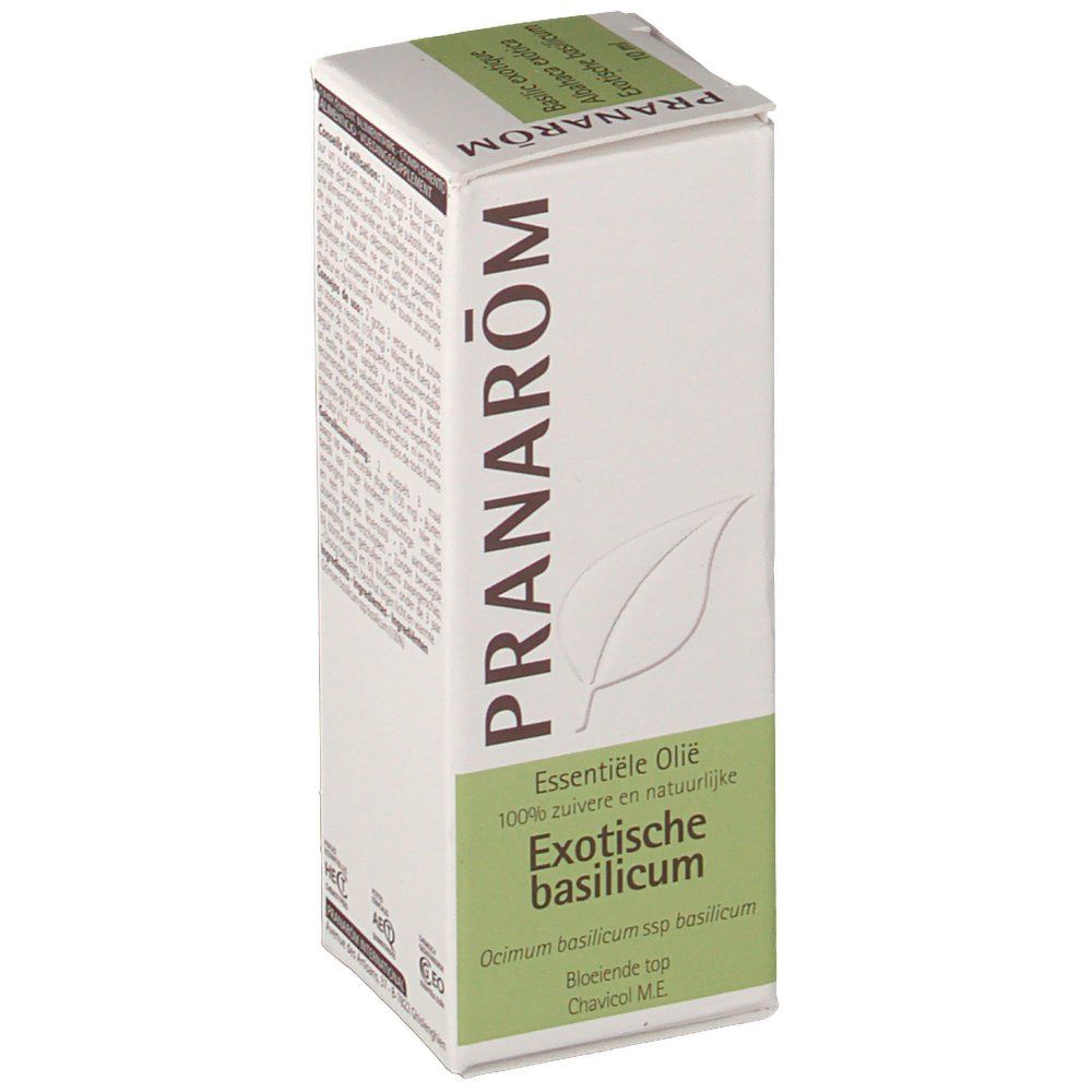 Scatola bianca con dettagli verdi. Scritta PRANAROM e nome del prodotto. Contiene 'Essentiële olie' e 'Exotische basilicum'.