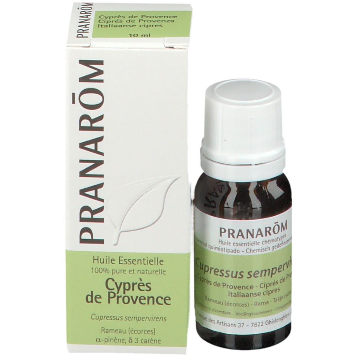 Flacone di vetro marrone e scatola. Scritta PRANAROM e 'Cypres de Provence'.