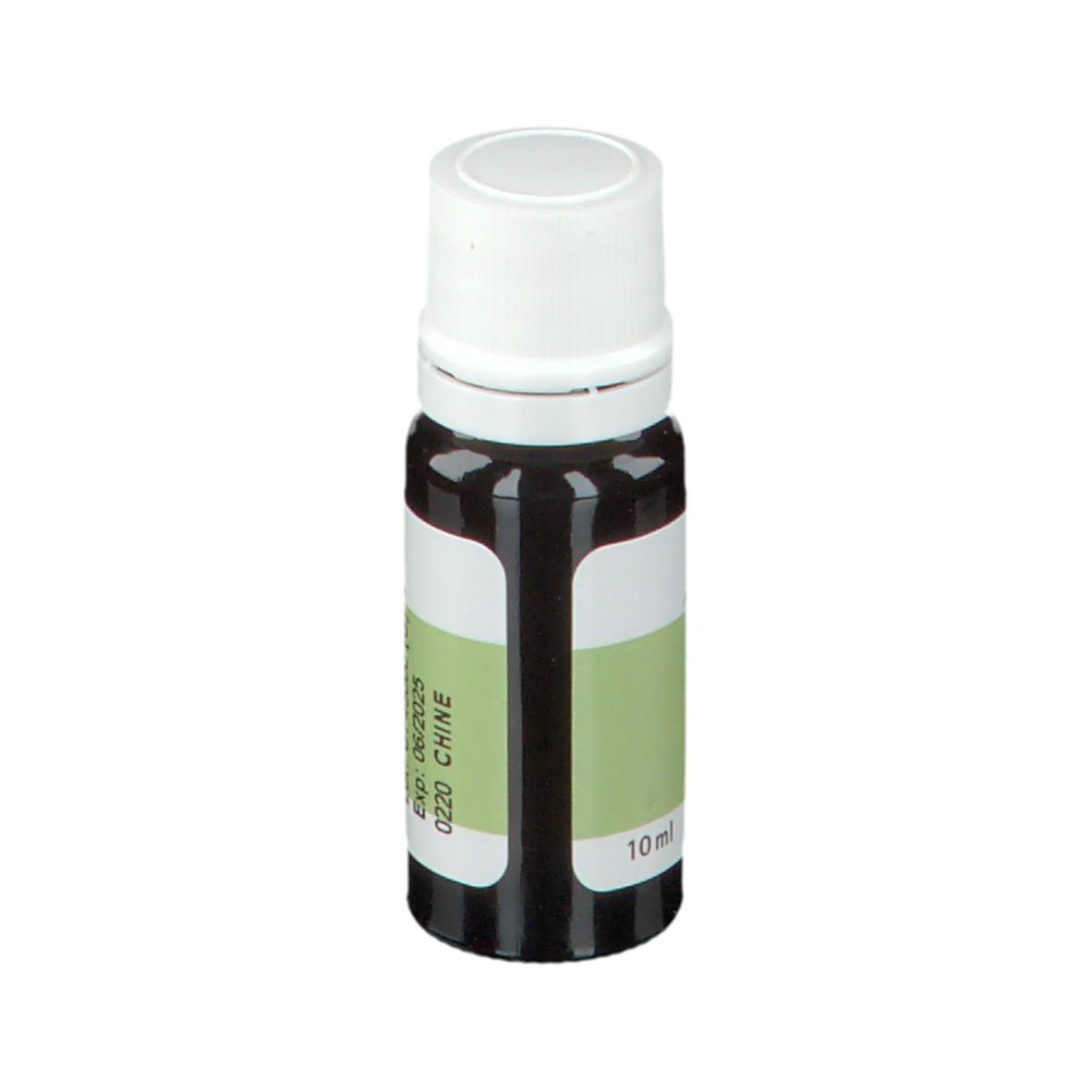 Flacone in vetro marrone con tappo bianco ed etichetta. Indicazione del volume 10 ml.