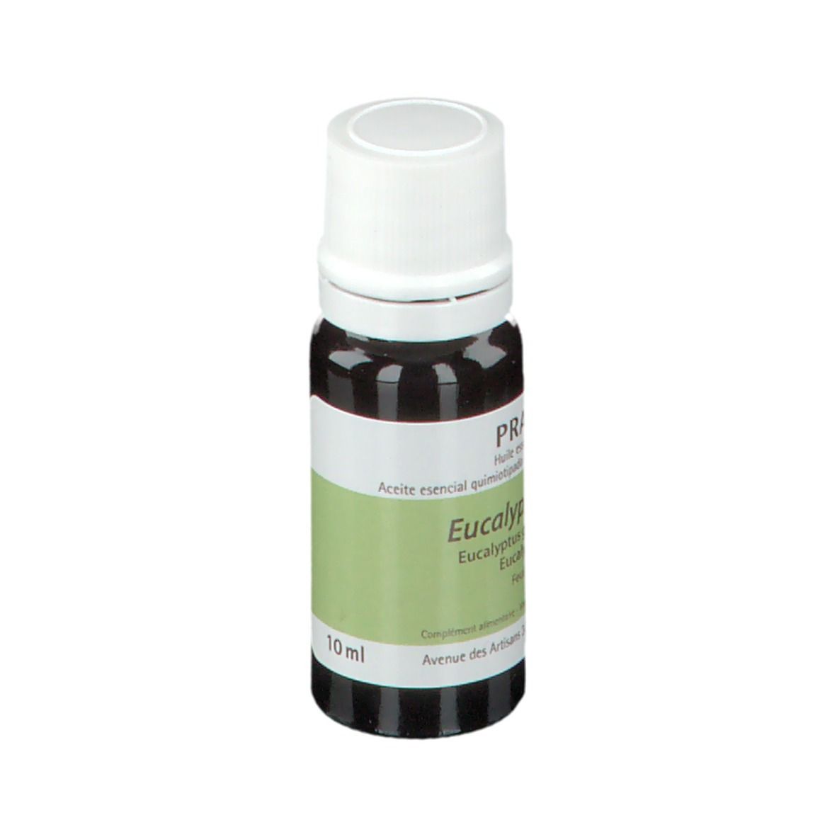 Flacone in vetro marrone con tappo bianco ed etichetta. Indicazione del volume 10 ml.