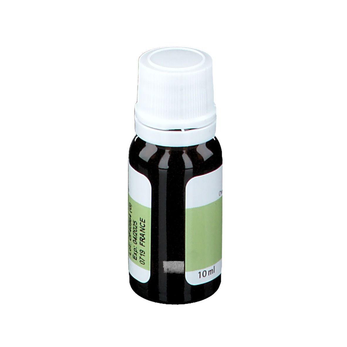 Flacone di vetro marrone con tappo bianco. Etichetta PRANAROM, 10 ml.