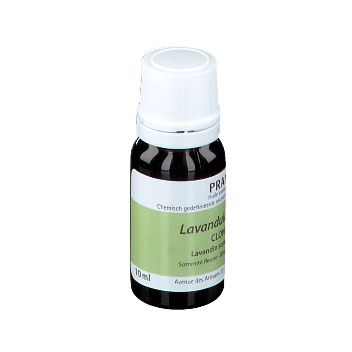 Flacone di vetro marrone con tappo bianco. Etichetta PRANAROM, 10 ml.