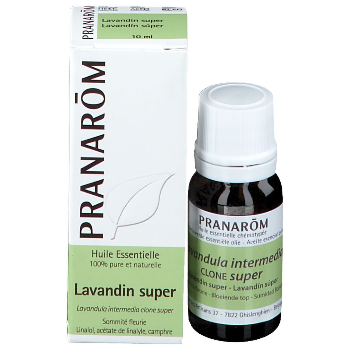 Scatola e flacone. PRANAROM, Lavandin super. Flacone marrone, tappo bianco.