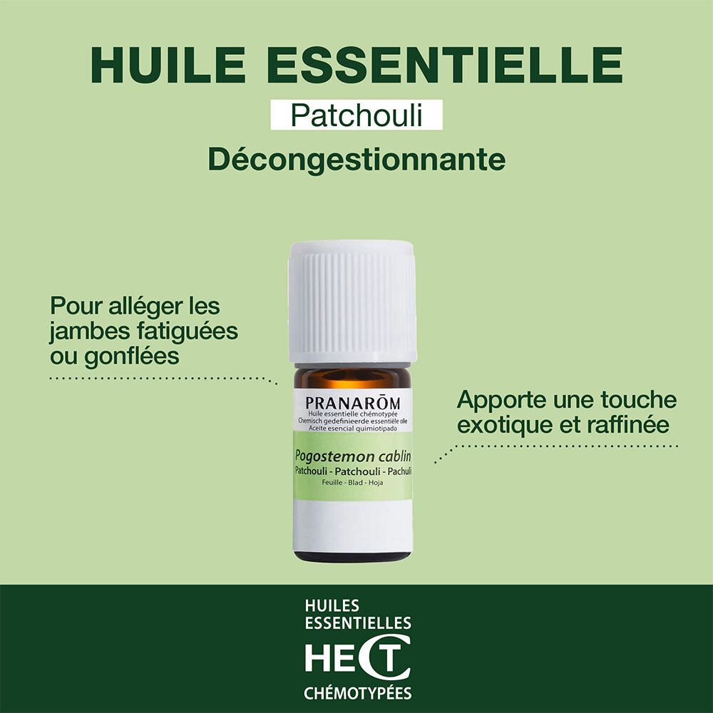 Flacone di olio essenziale Pranarom Patchouli. Testo: Huile Essentielle, Décongestionnante. Per gambe stanche.