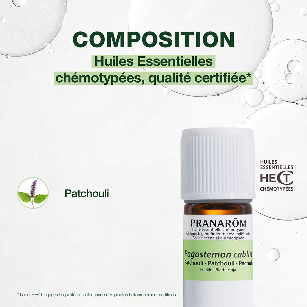 Flacone di olio essenziale Pranarom Patchouli. Testo: Composition, Huiles Essentielles chémotypées, qualità certificata.